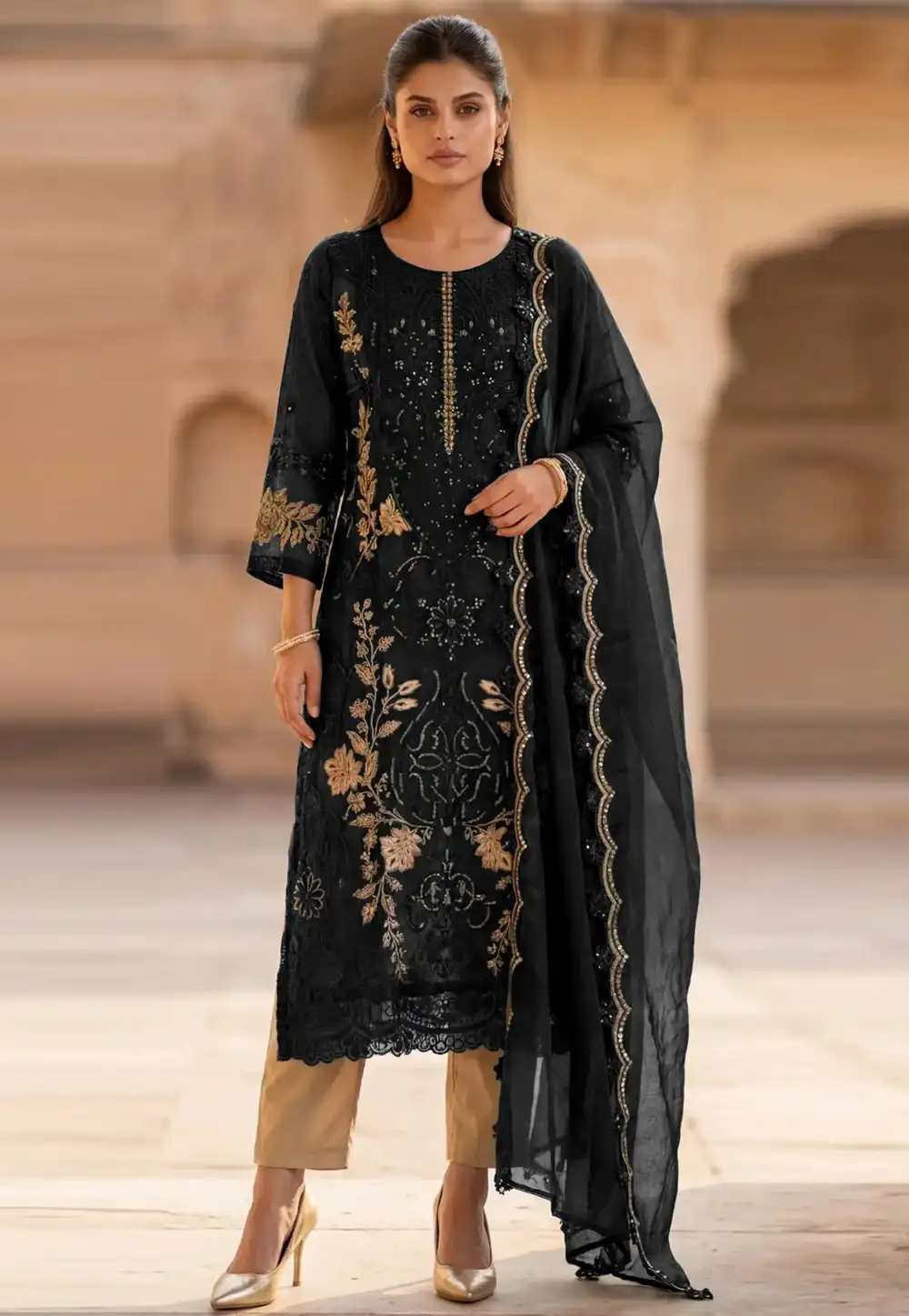 Black Chiffon Straight Suit 329659