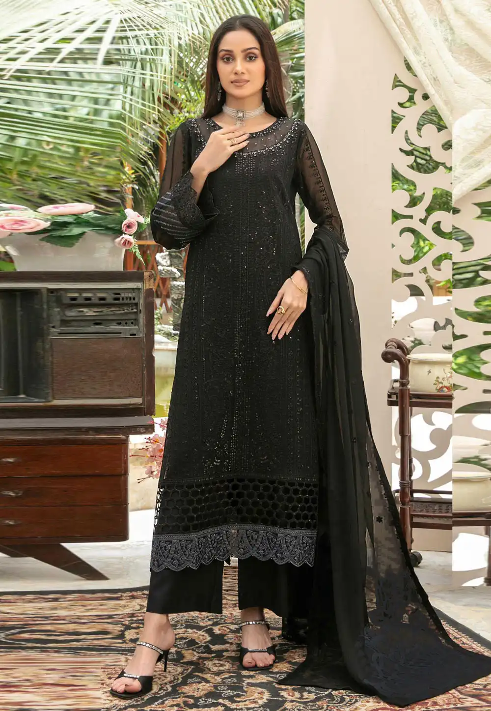 Black Chiffon Straight Suit 329698