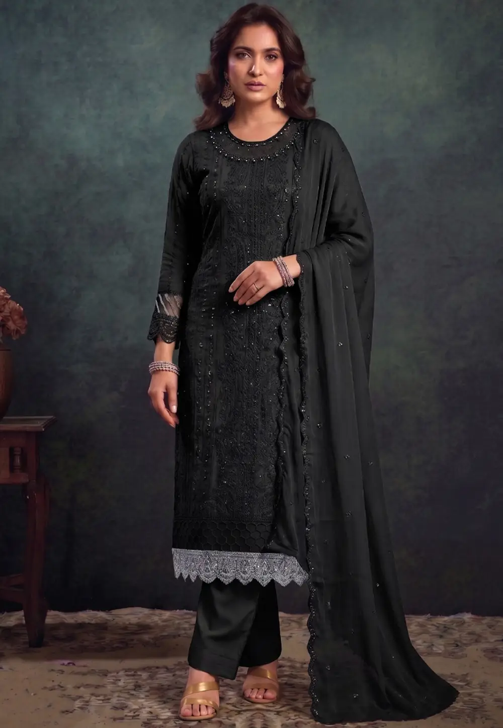Black Chiffon Straight Suit 332907
