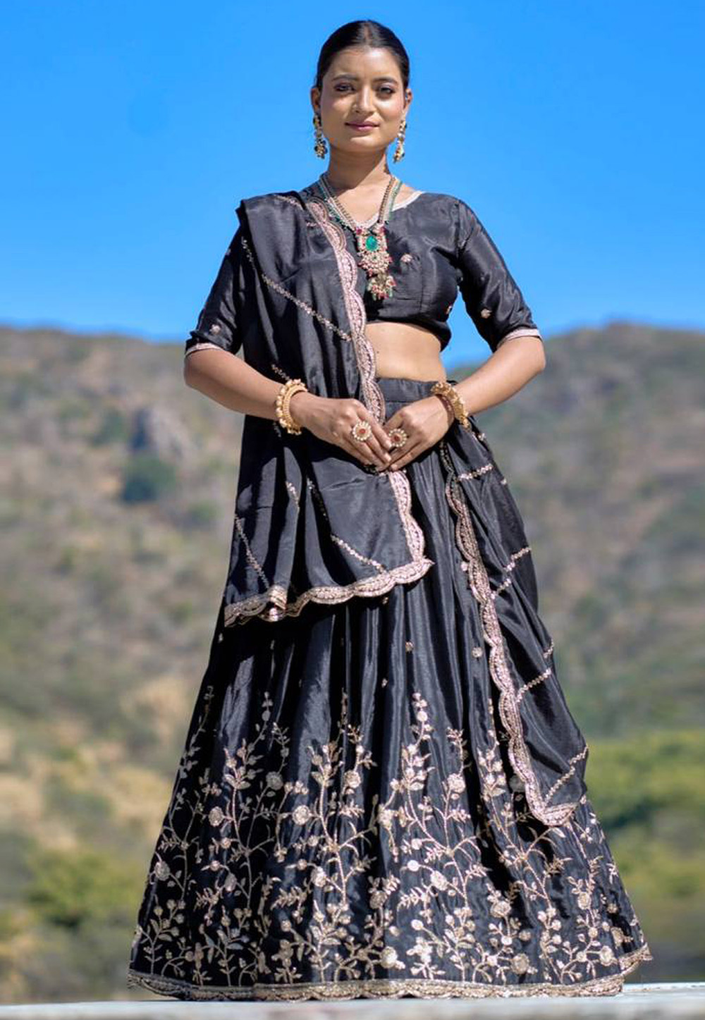 Black Chinon Circular Lehenga Choli 308964