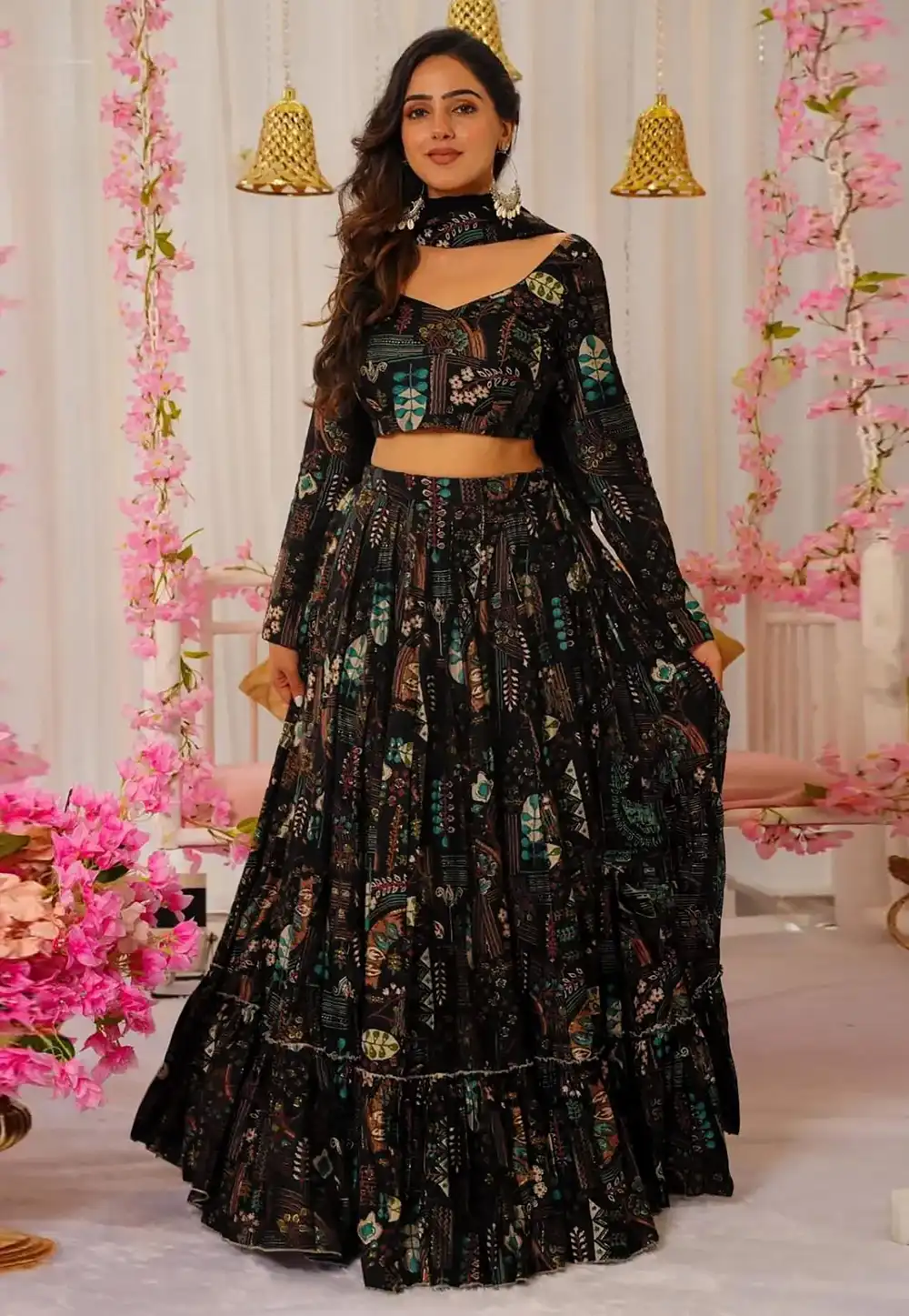Black Chinon Circular Lehenga Choli 315078