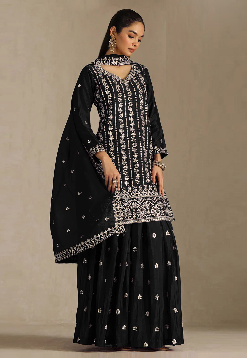 Black Chinon Embroidered Pakistani Suit 330376