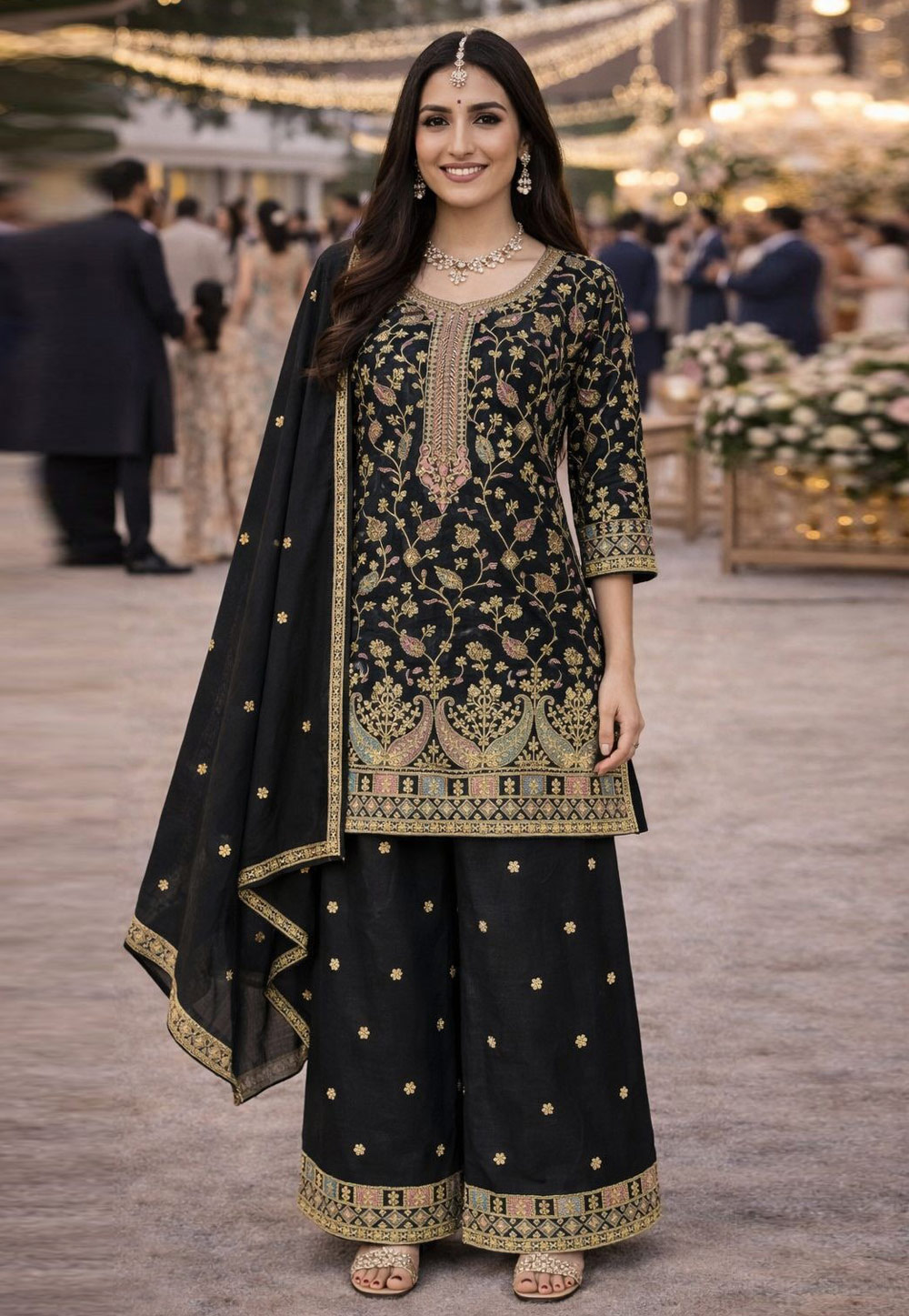Black Chinon Embroidered Palazzo Suit 325081