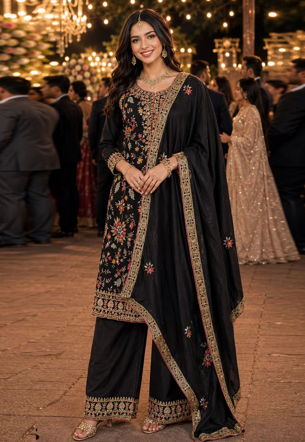 Black Chinon Embroidered Palazzo Suit 330130