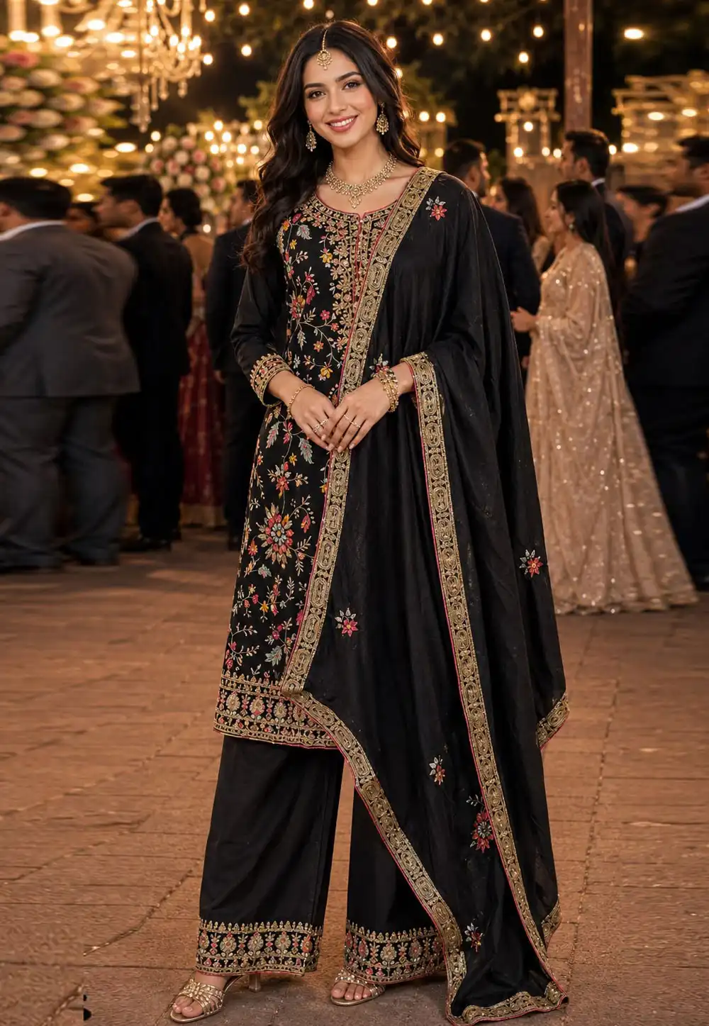 Black Chinon Embroidered Palazzo Suit 330130