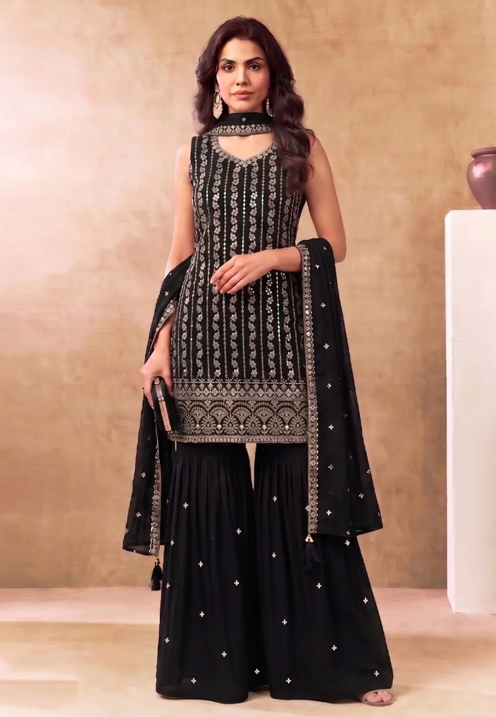 Black Chinon Gharara Suit 331604
