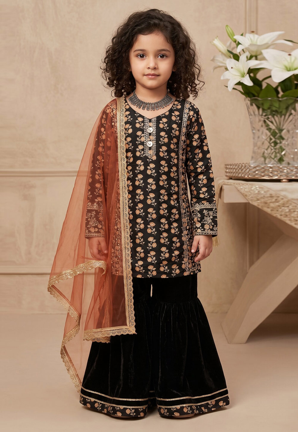 Black Chinon Kids Sharara Suit 329461