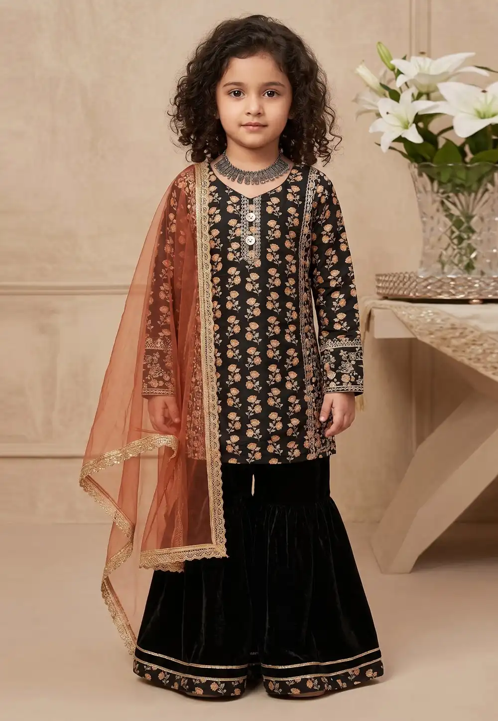 Black Chinon Kids Sharara Suit 329461