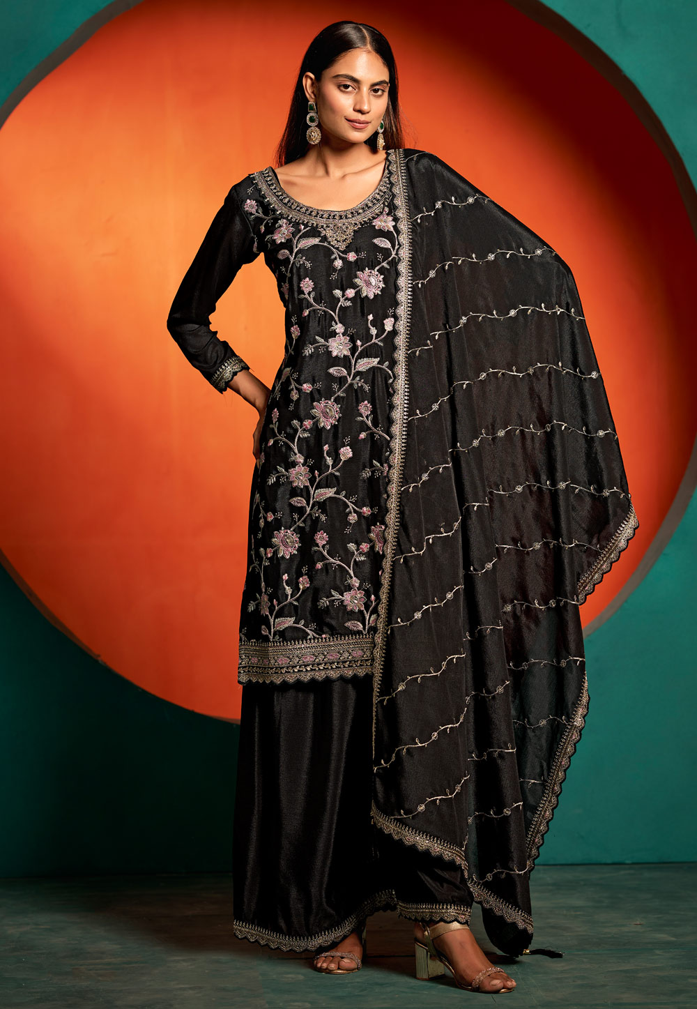 Black Chinon Pakistani Suit 311401