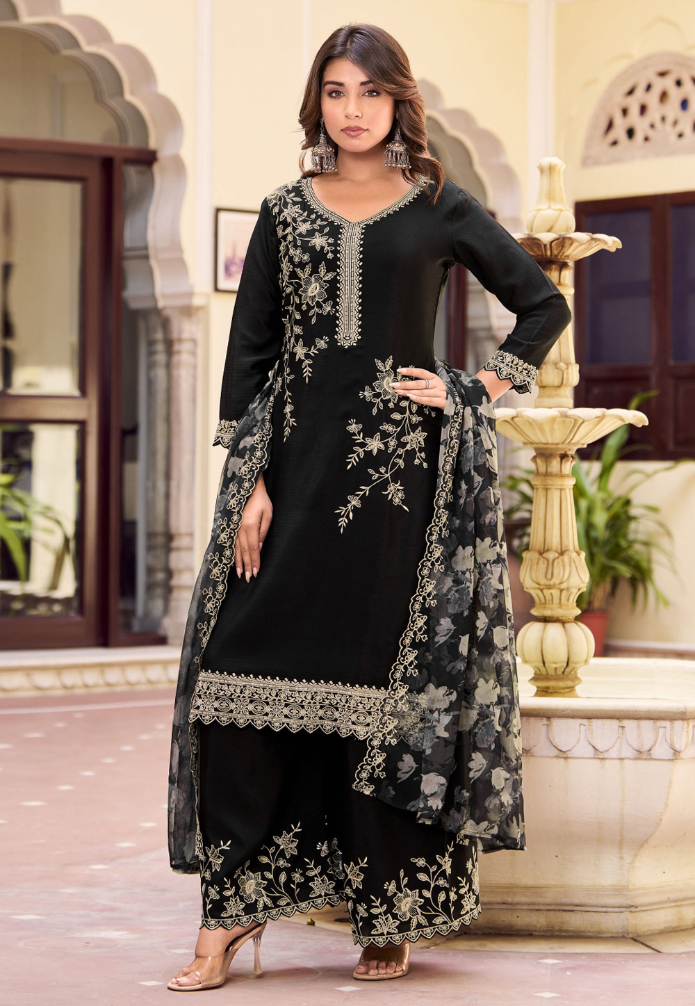 Black Chinon Palazzo Suit 320960