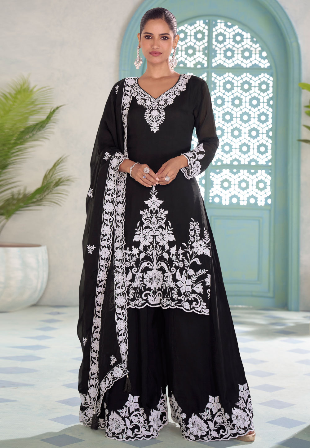 Black Chinon Palazzo Suit 323072