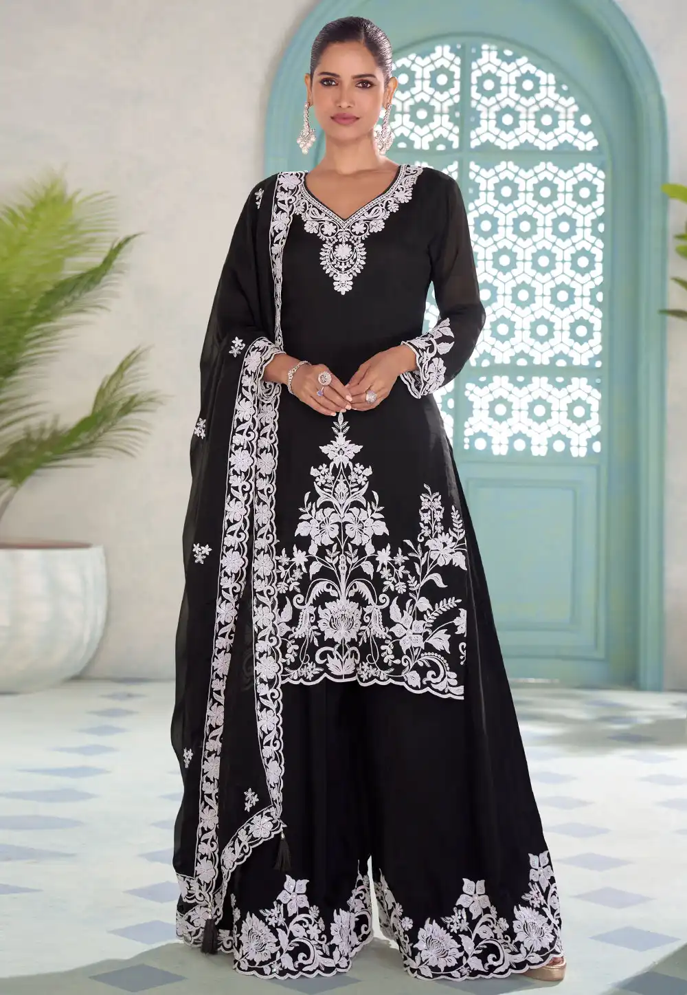 Black Chinon Palazzo Suit 323072