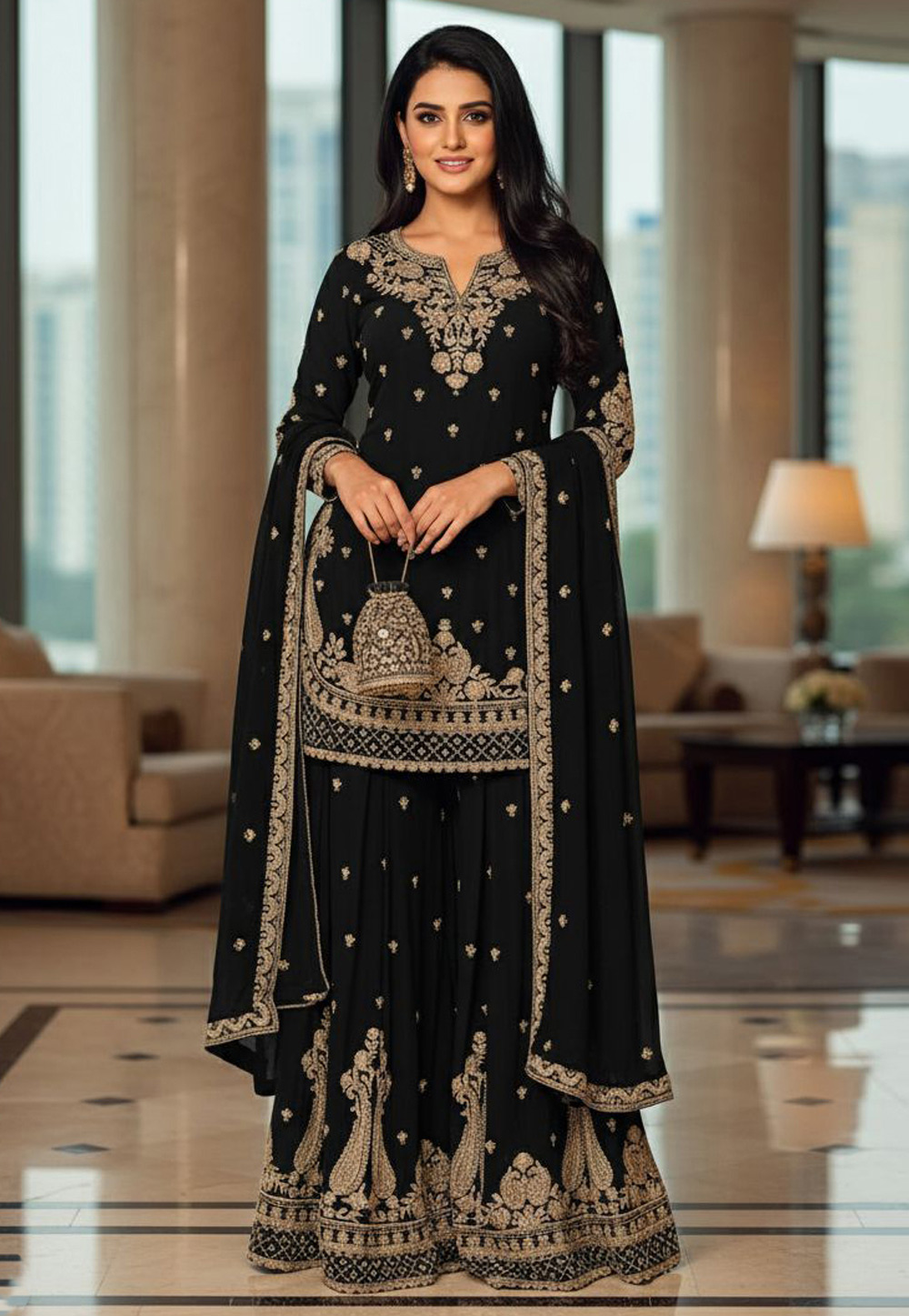 Black Chinon Palazzo Suit 330411