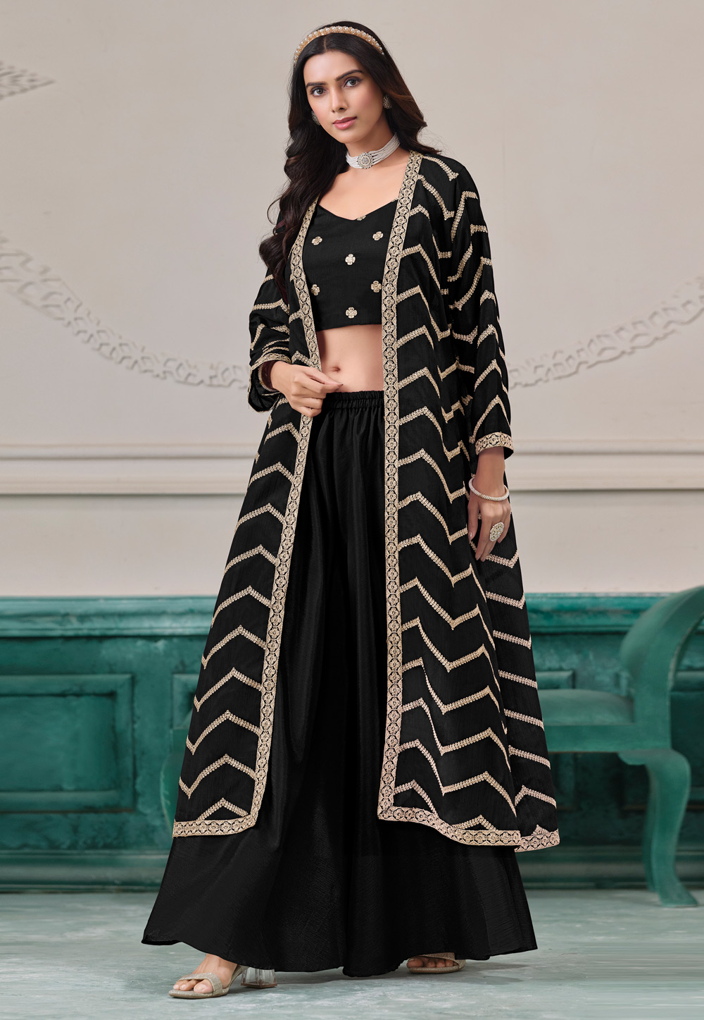 Black Chinon Palazzo With Crop Top 312207