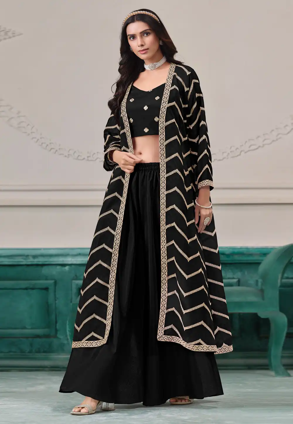 Black Chinon Palazzo With Crop Top 312207