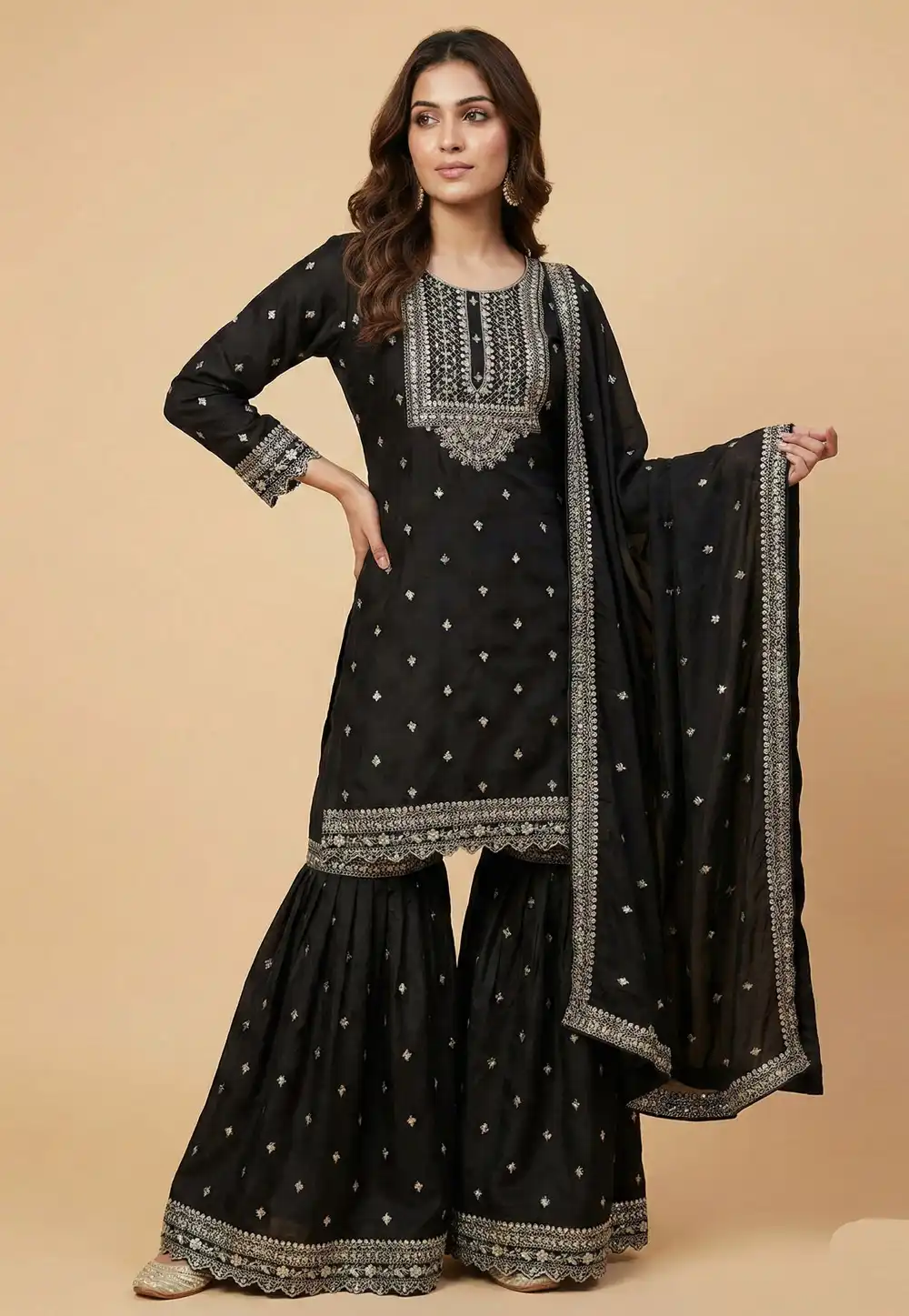 Black Chinon Readymade Gharara Suit 323813