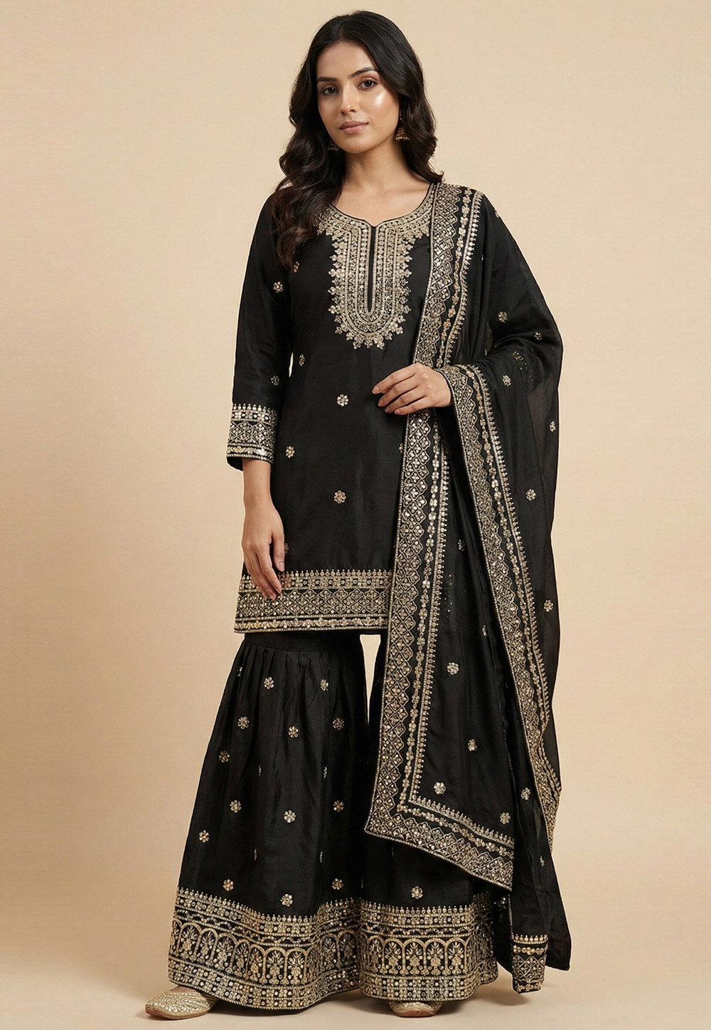 Black Chinon Readymade Gharara Suit 323817
