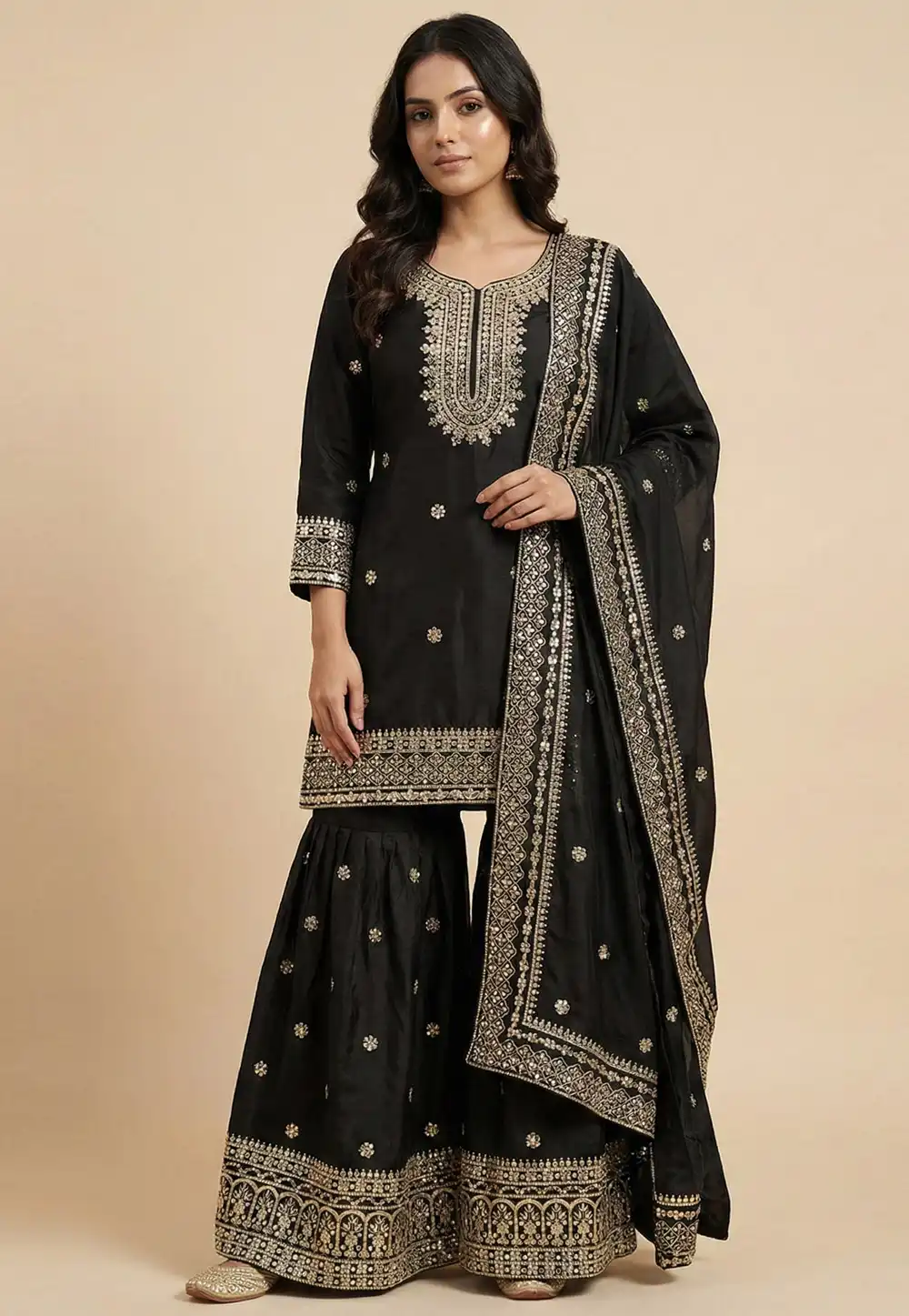 Black Chinon Readymade Gharara Suit 323817