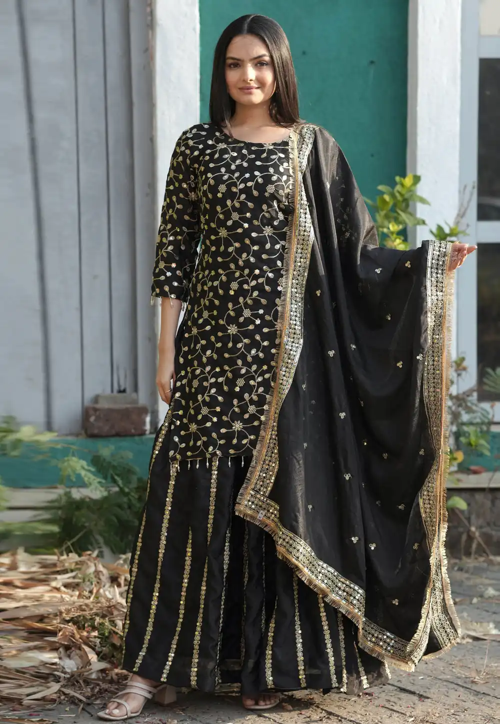 Black Chinon Readymade Long Choli Lehenga 311172