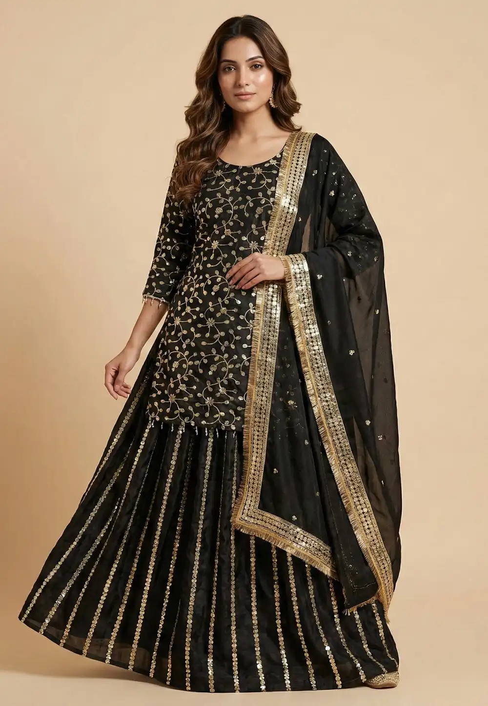 Black Chinon Readymade Long Choli Lehenga 323689
