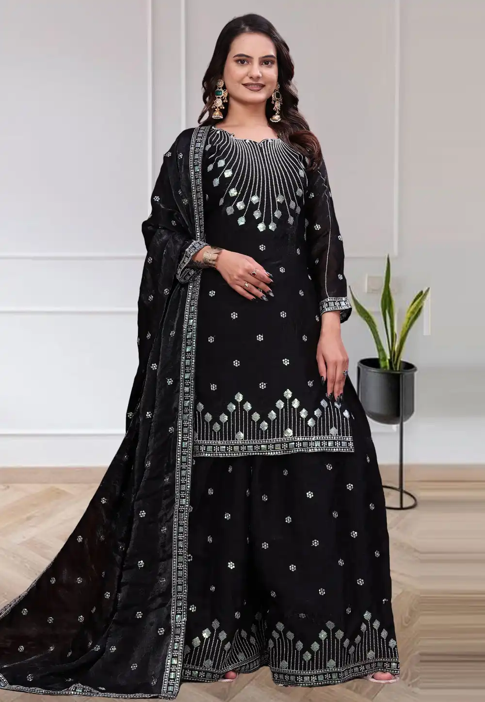 Black Chinon Readymade Pakistani Suit 327499
