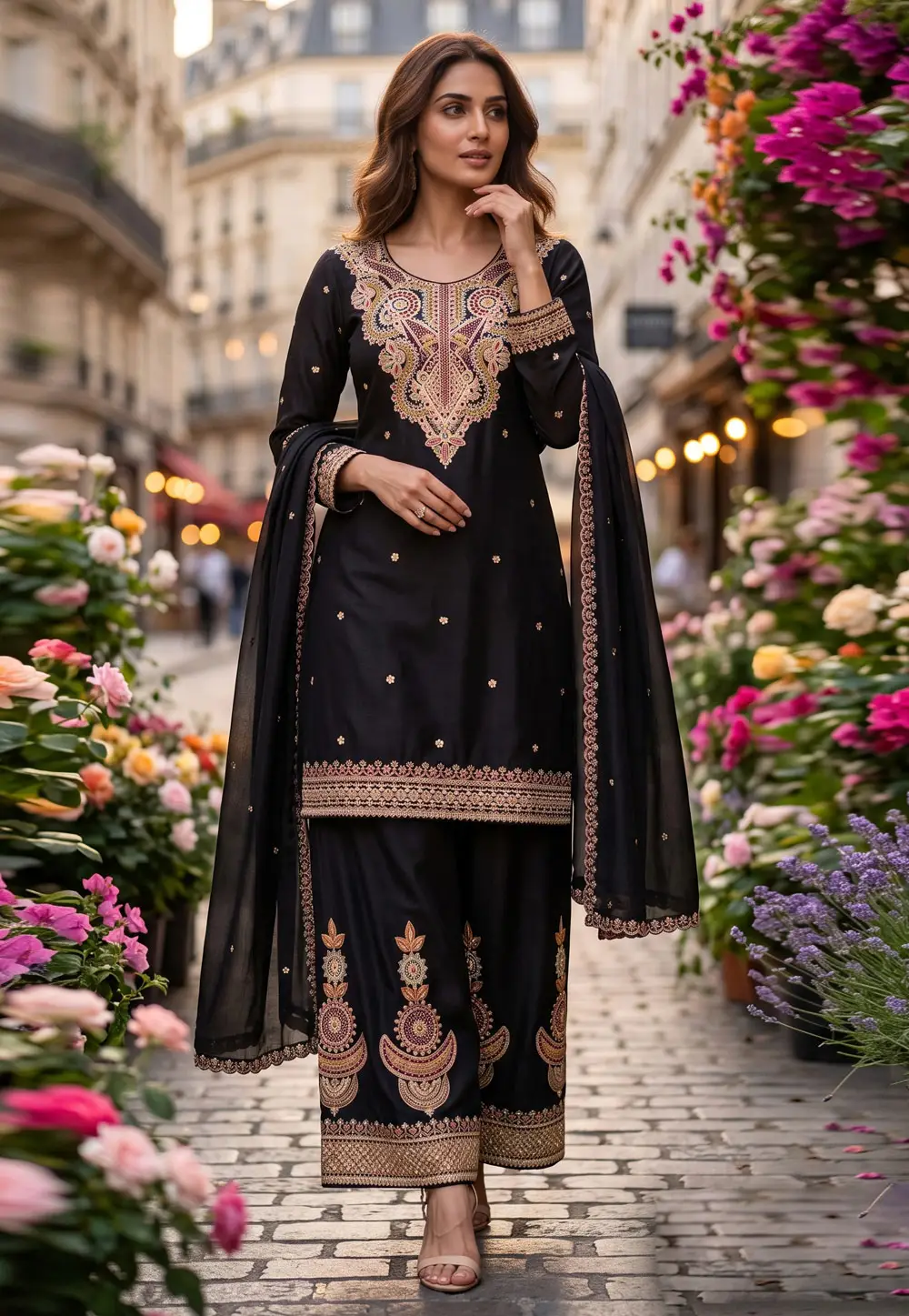 Black Chinon Readymade Palazzo Suit 334899