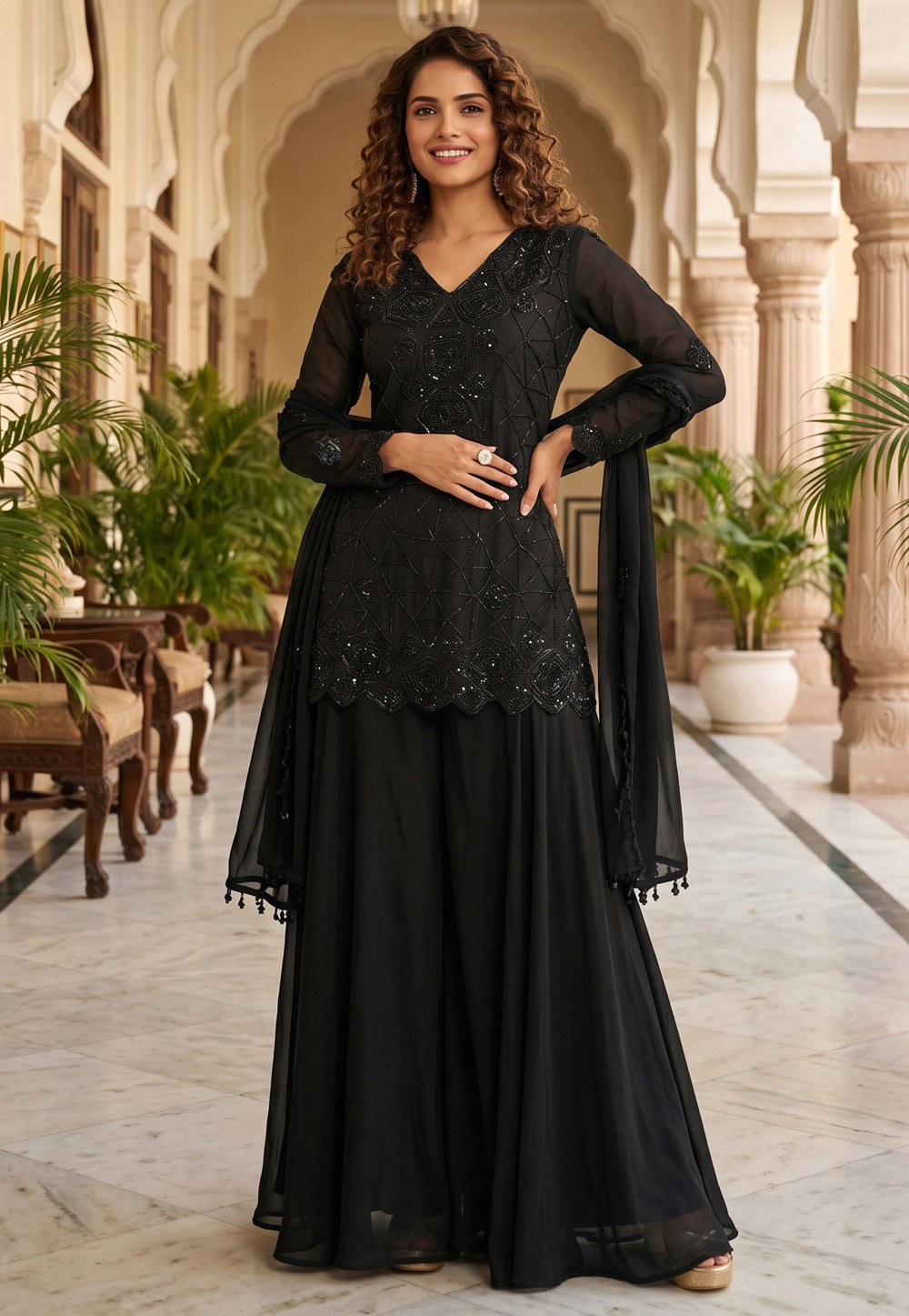 Black Chinon Readymade Palazzo Suit 329273
