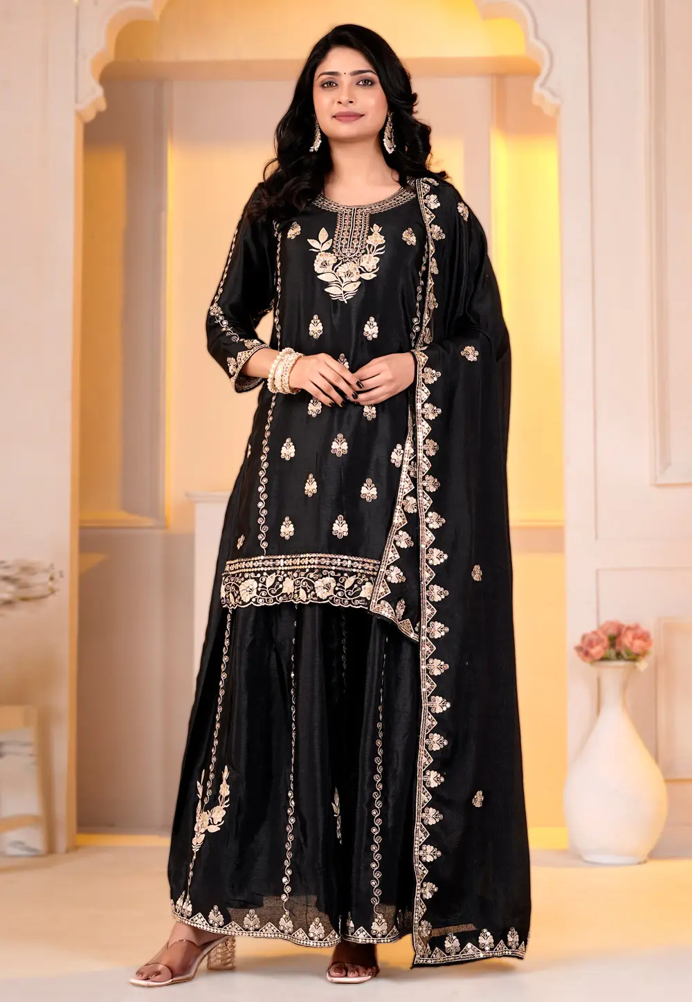 Black Chinon Readymade Palazzo Suit 335826