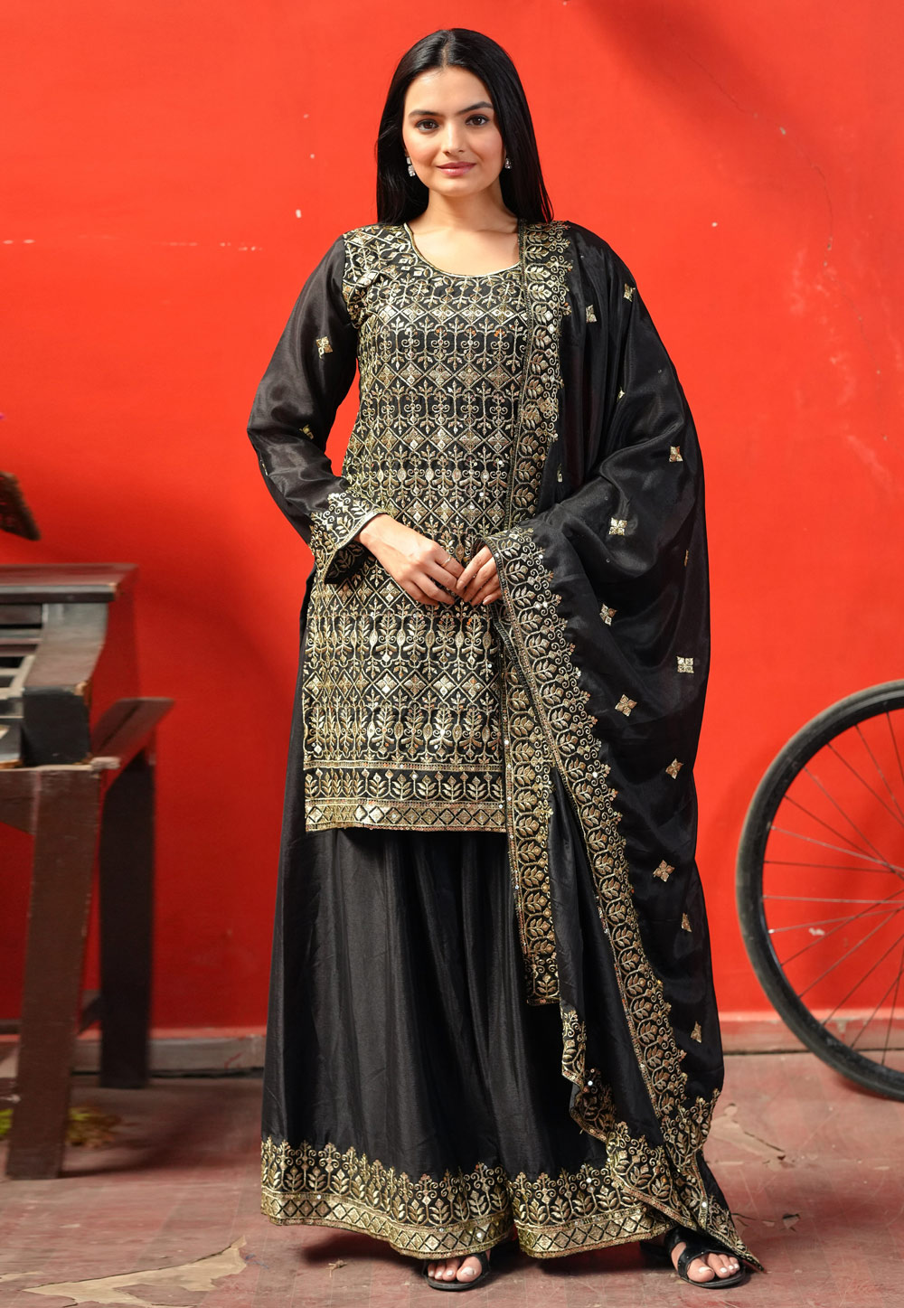 Black Chinon Readymade Palazzo Suit 306575