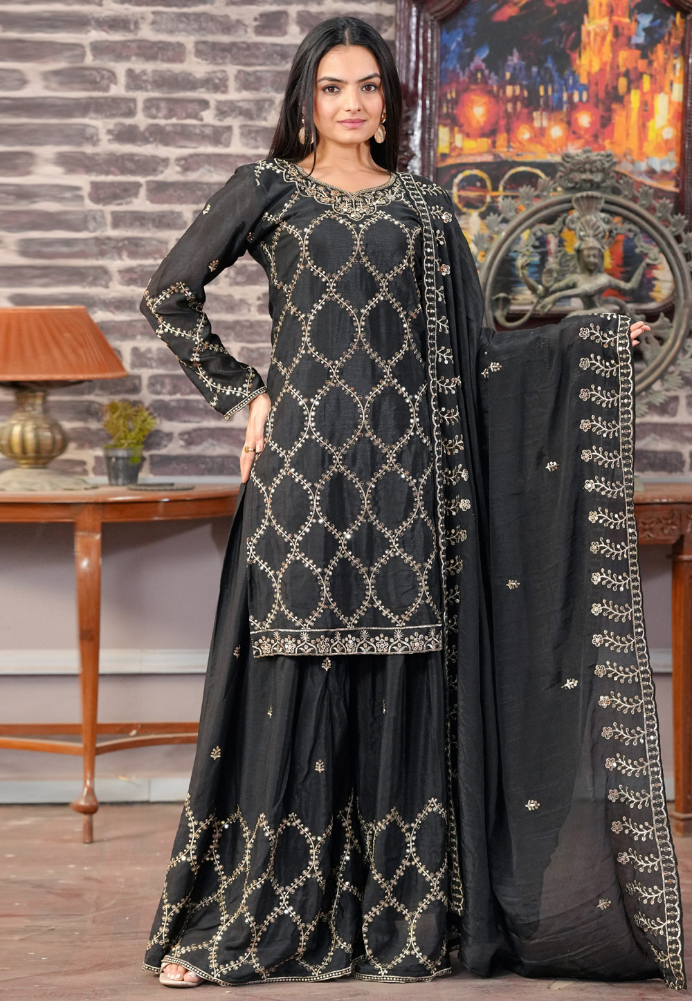 Black Chinon Readymade Palazzo Suit 307567