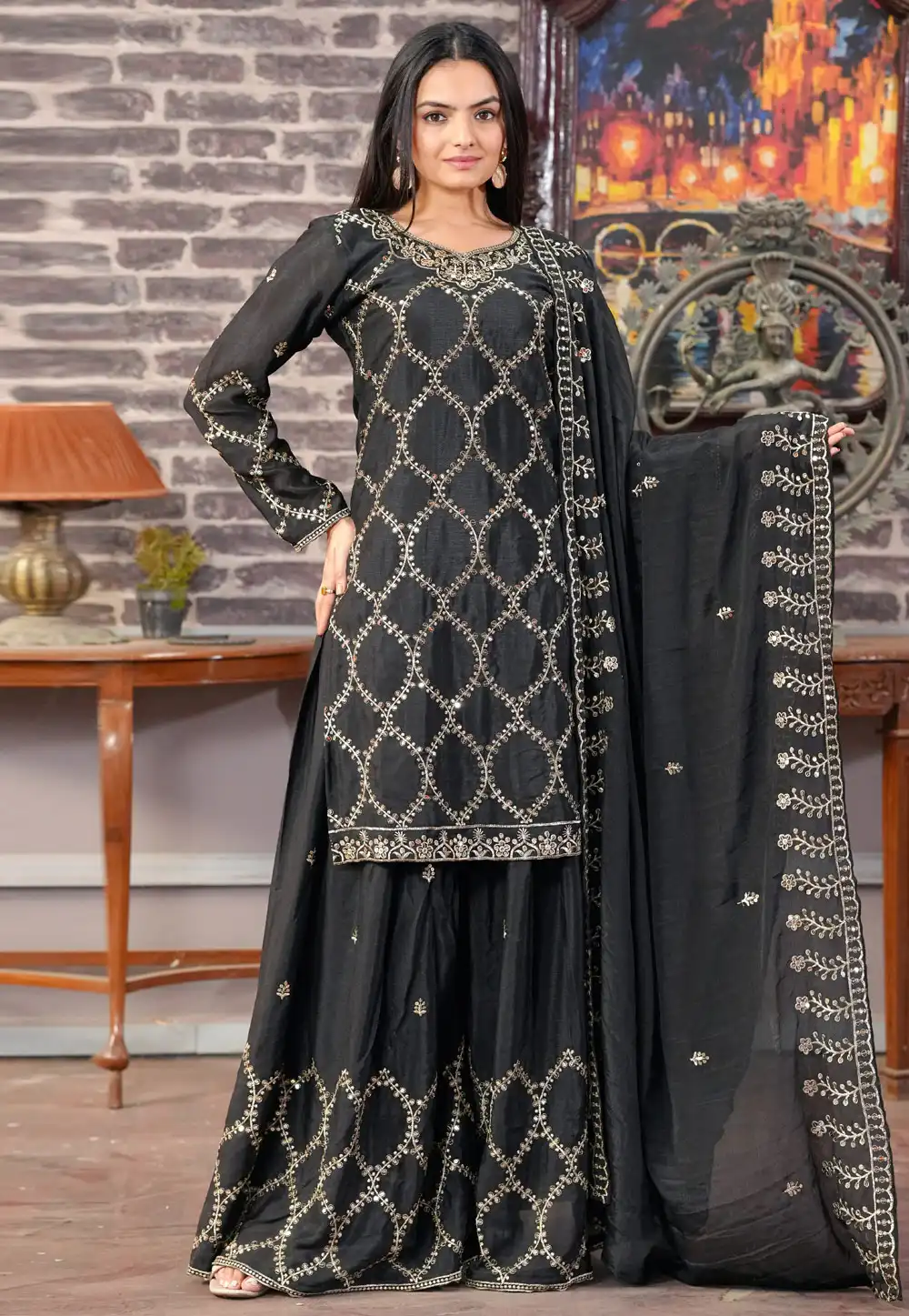 Black Chinon Readymade Palazzo Suit 307567
