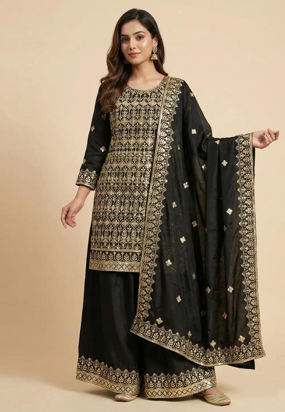 Black Chinon Readymade Palazzo Suit 323798