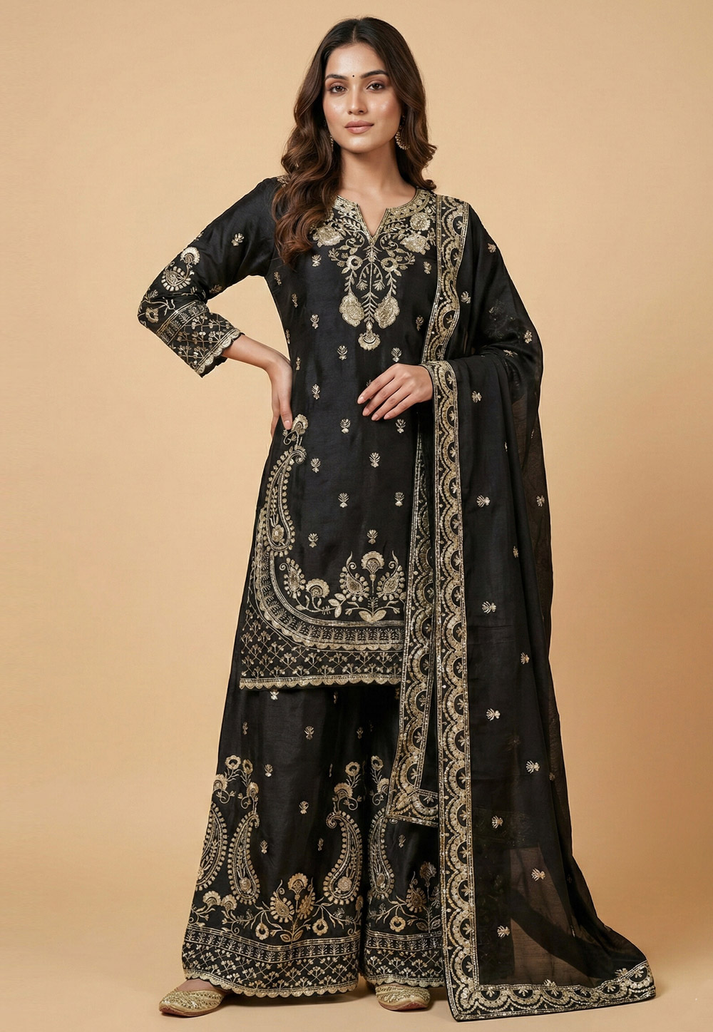 Black Chinon Readymade Palazzo Suit 323823