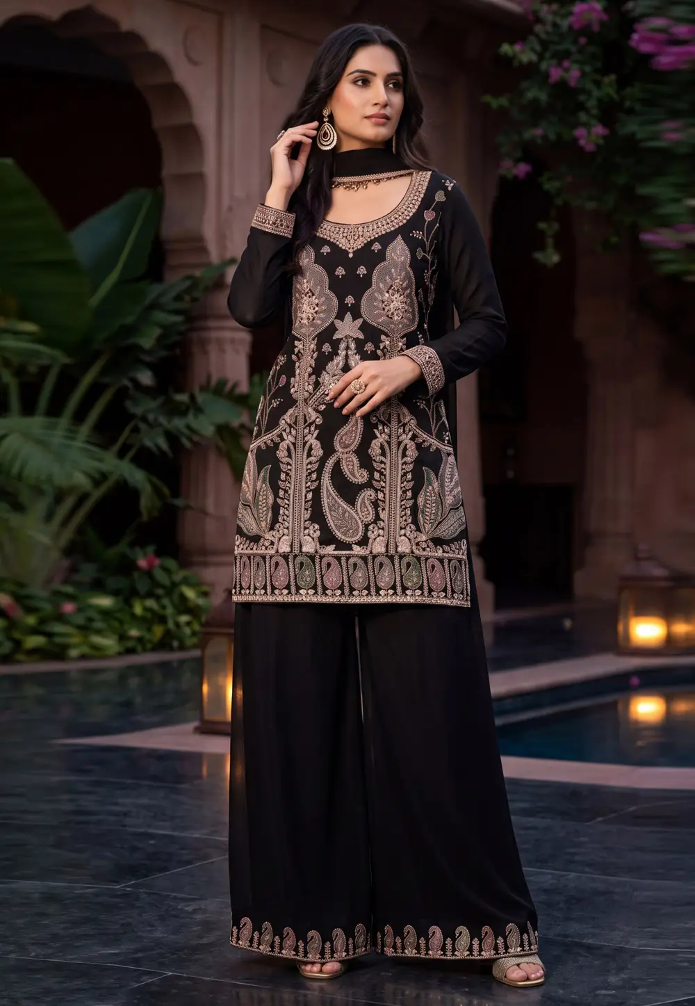 Black Chinon Readymade Palazzo Suit 335843