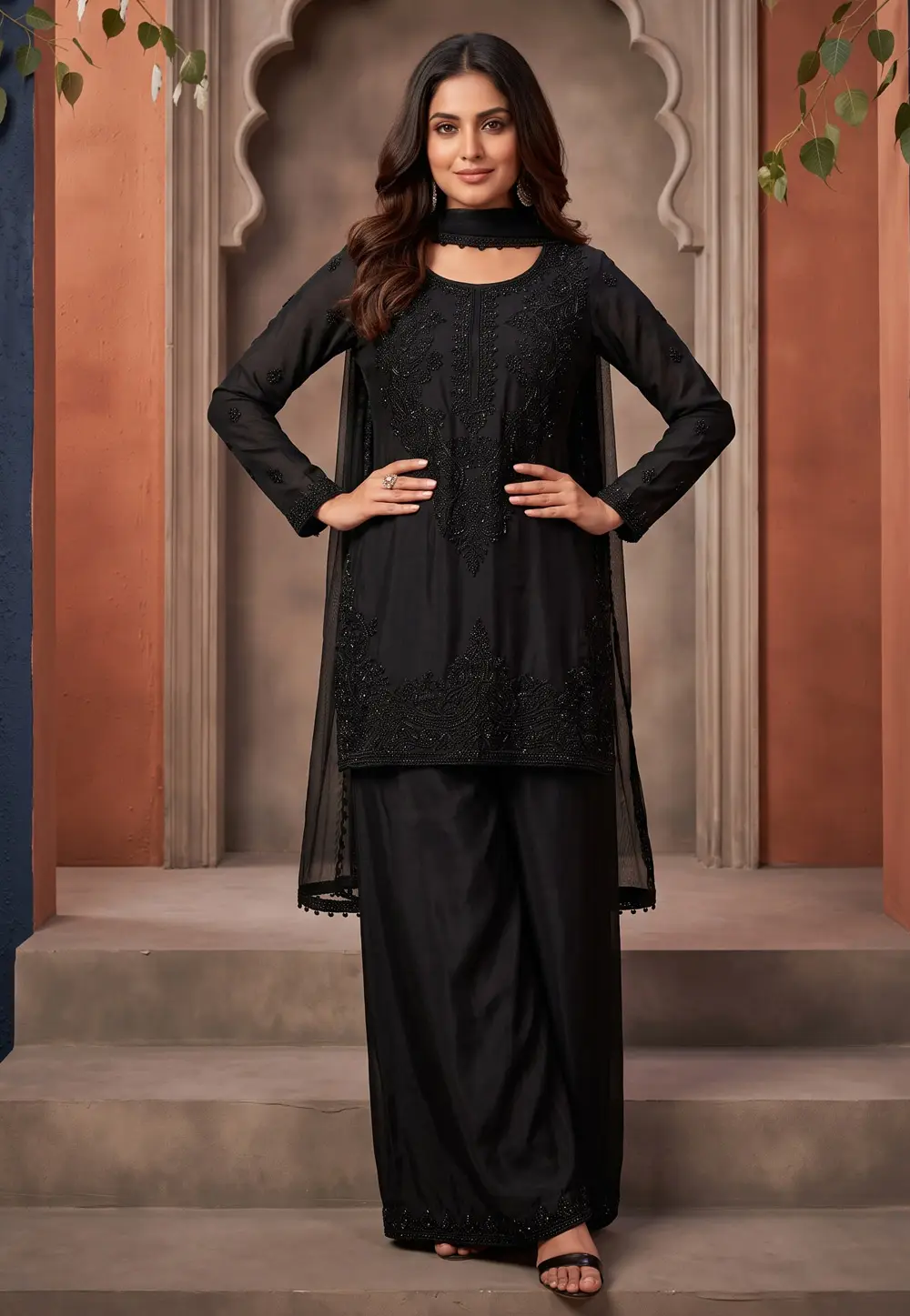 Black Chinon Readymade Palazzo Suit 333037