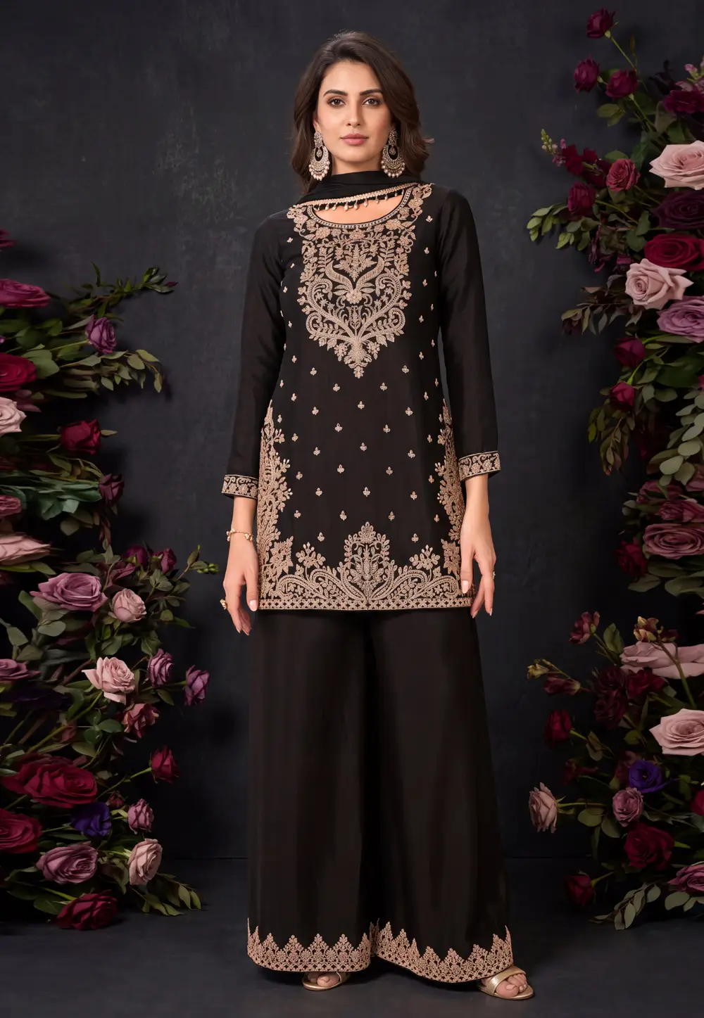 Black Chinon Readymade Palazzo Suit 336836