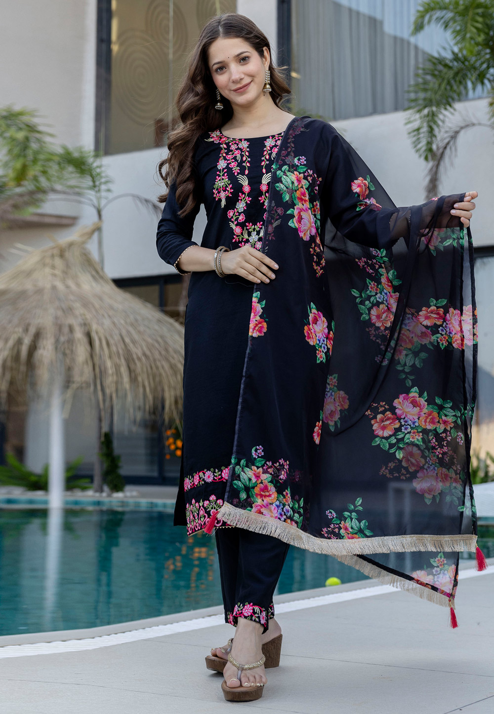 Black Chinon Readymade Pant Style Suit 326945
