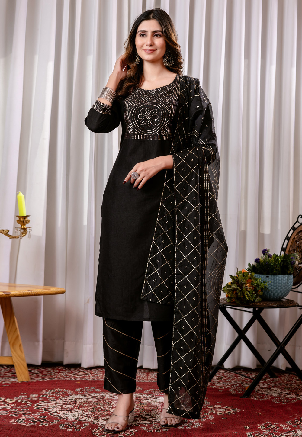Black Chinon Readymade Pant Style Suit 321838