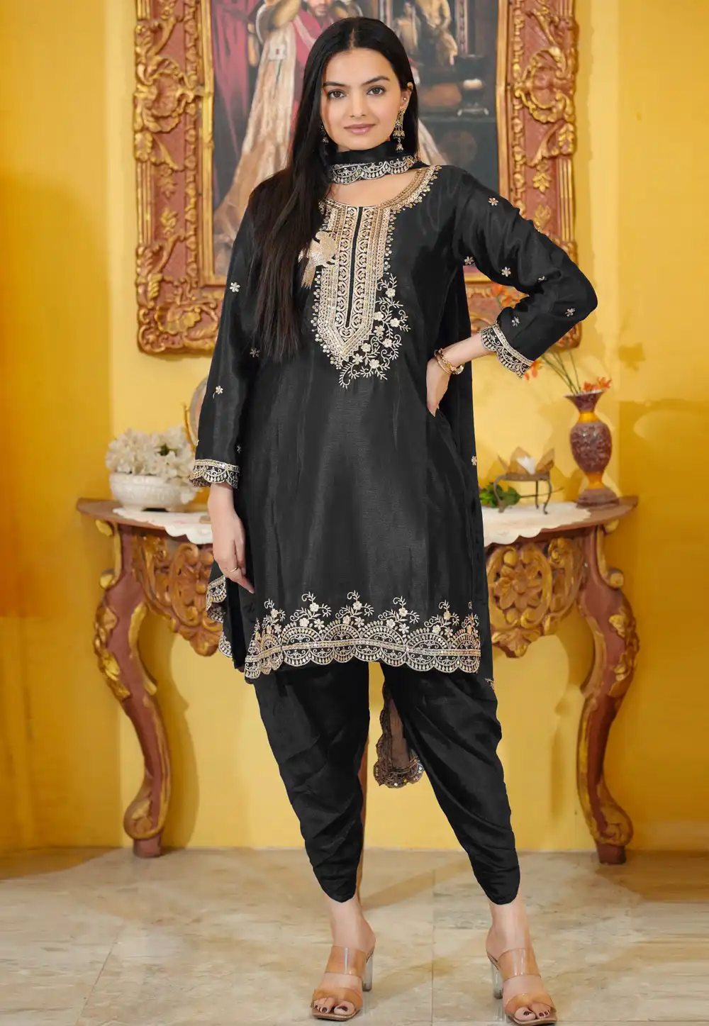 Black Chinon Readymade Punjabi Suit 307910