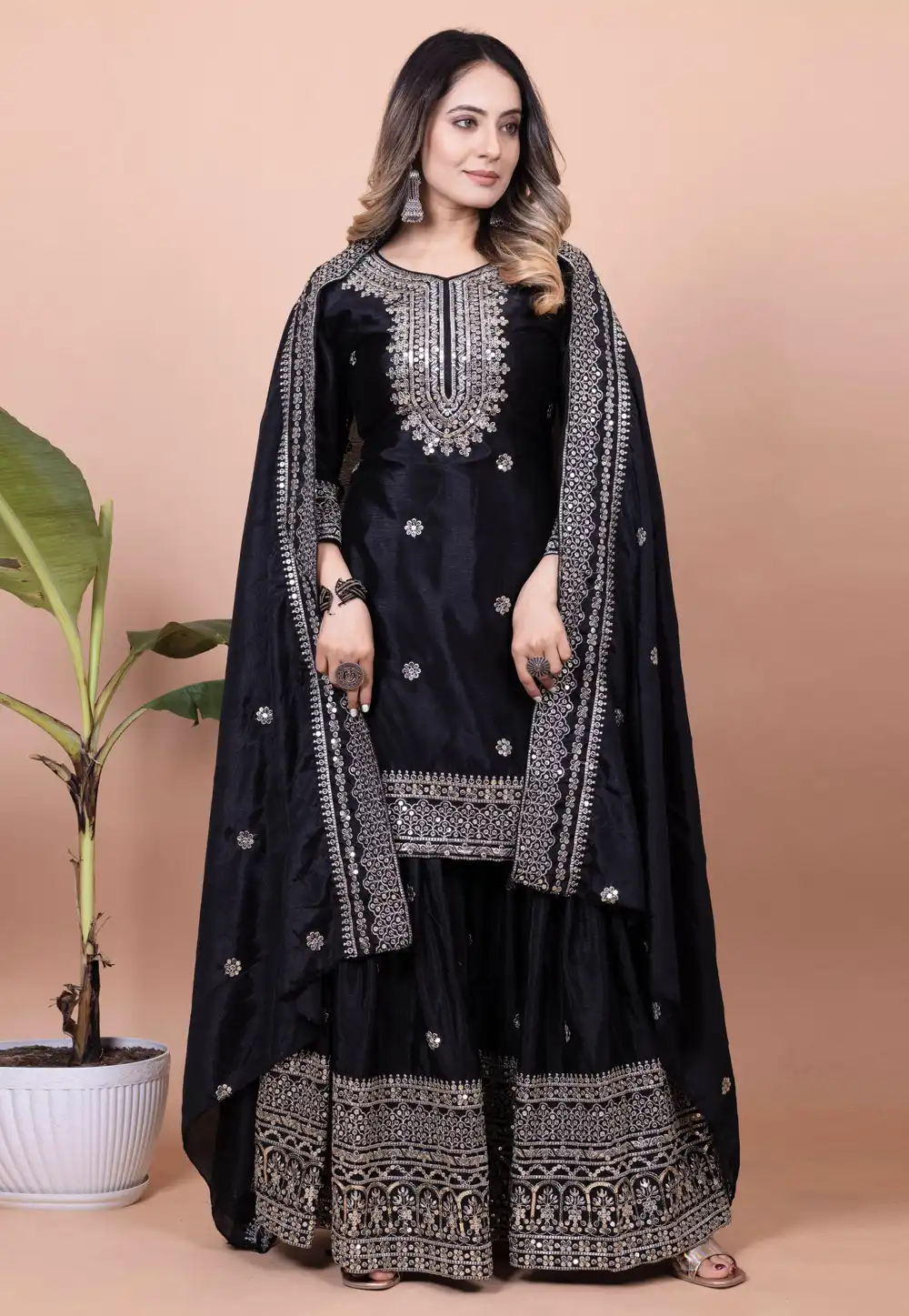 Black Chinon Readymade Sharara Suit 310383