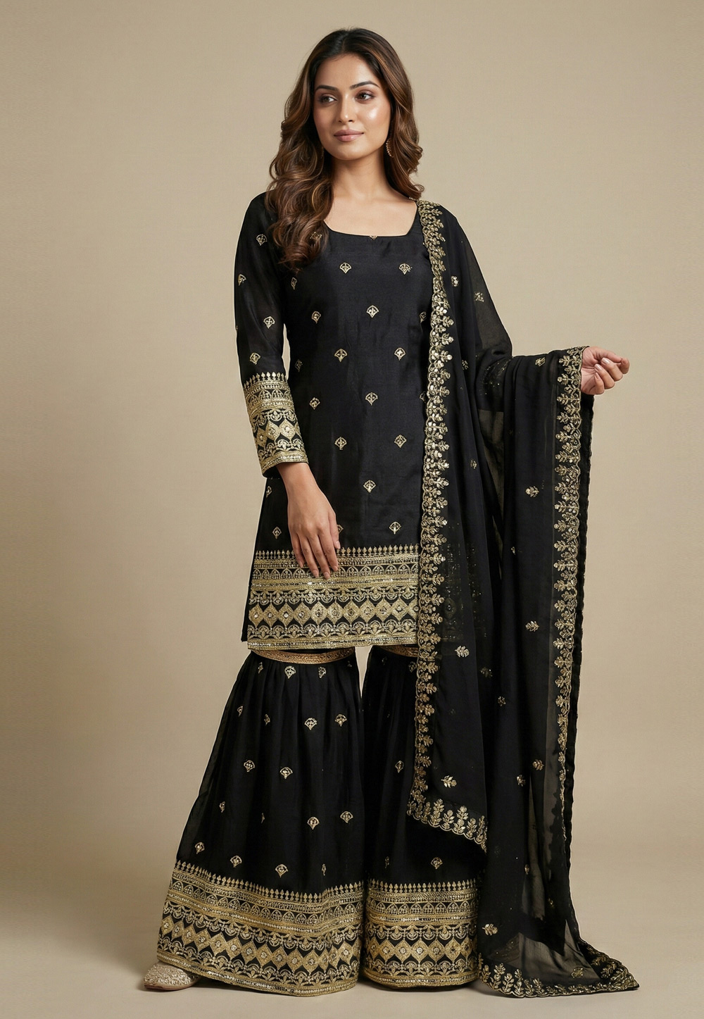 Black Chinon Readymade Sharara Suit 323791