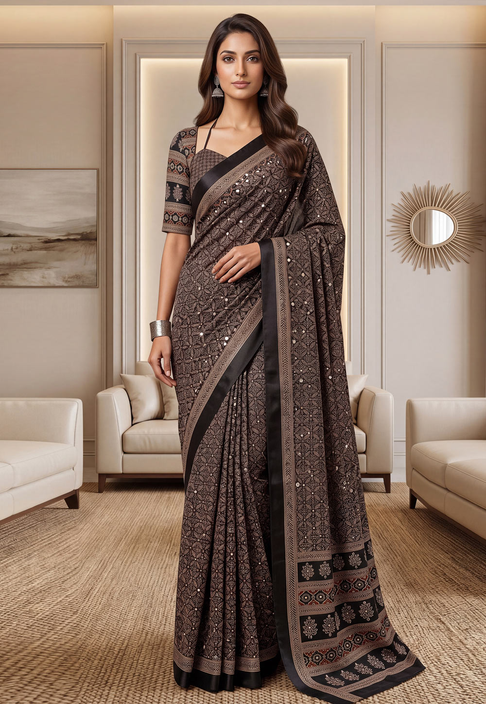 Black Chinon Saree With Blouse 330281