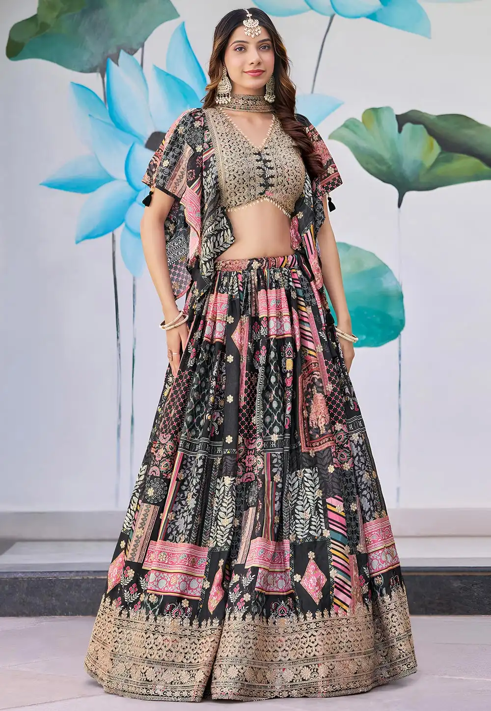 Black Chinon Silk Circular Lehenga Choli 314492