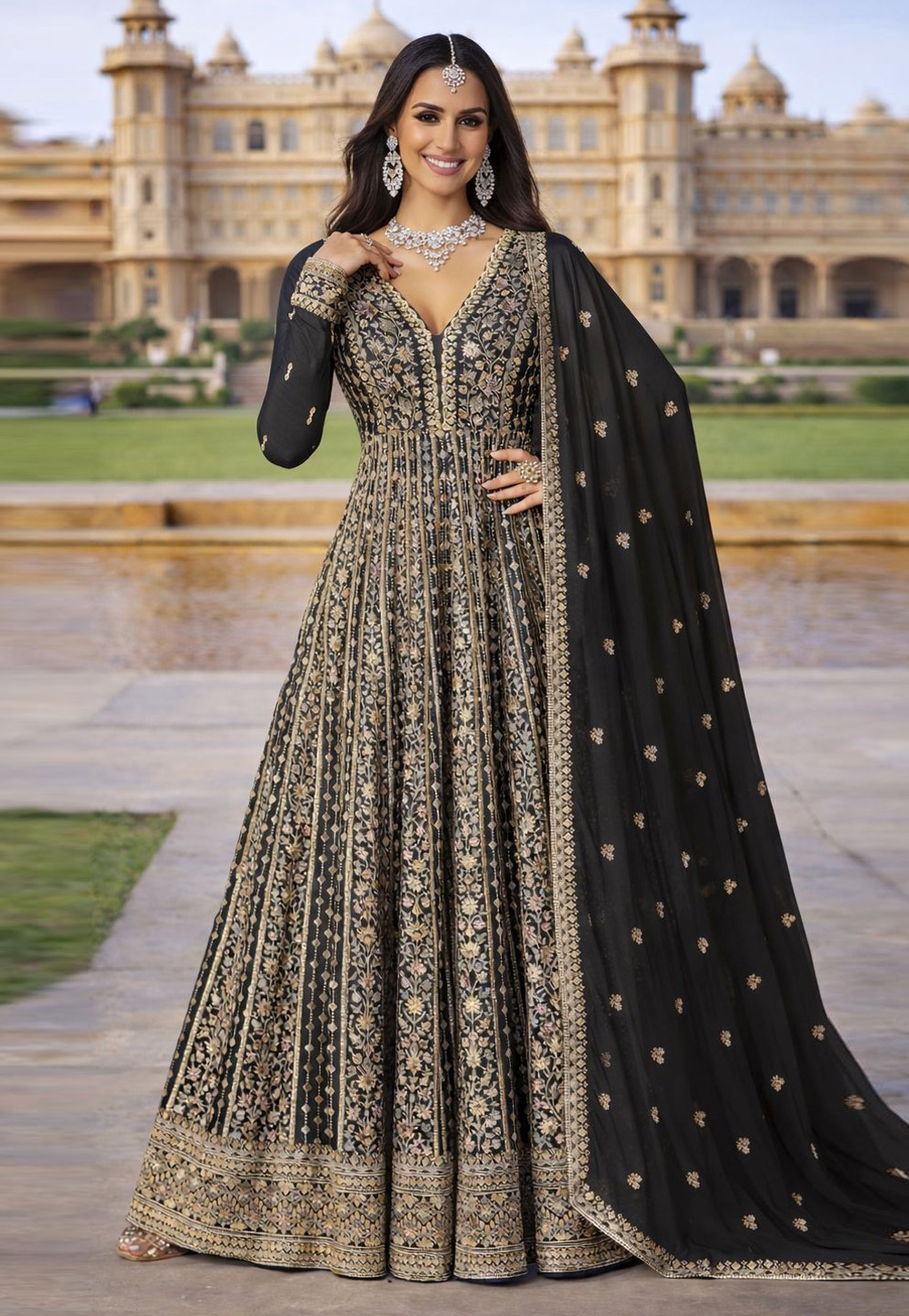 Black Chinon Silk Embroidered Anarkali Suit 323649