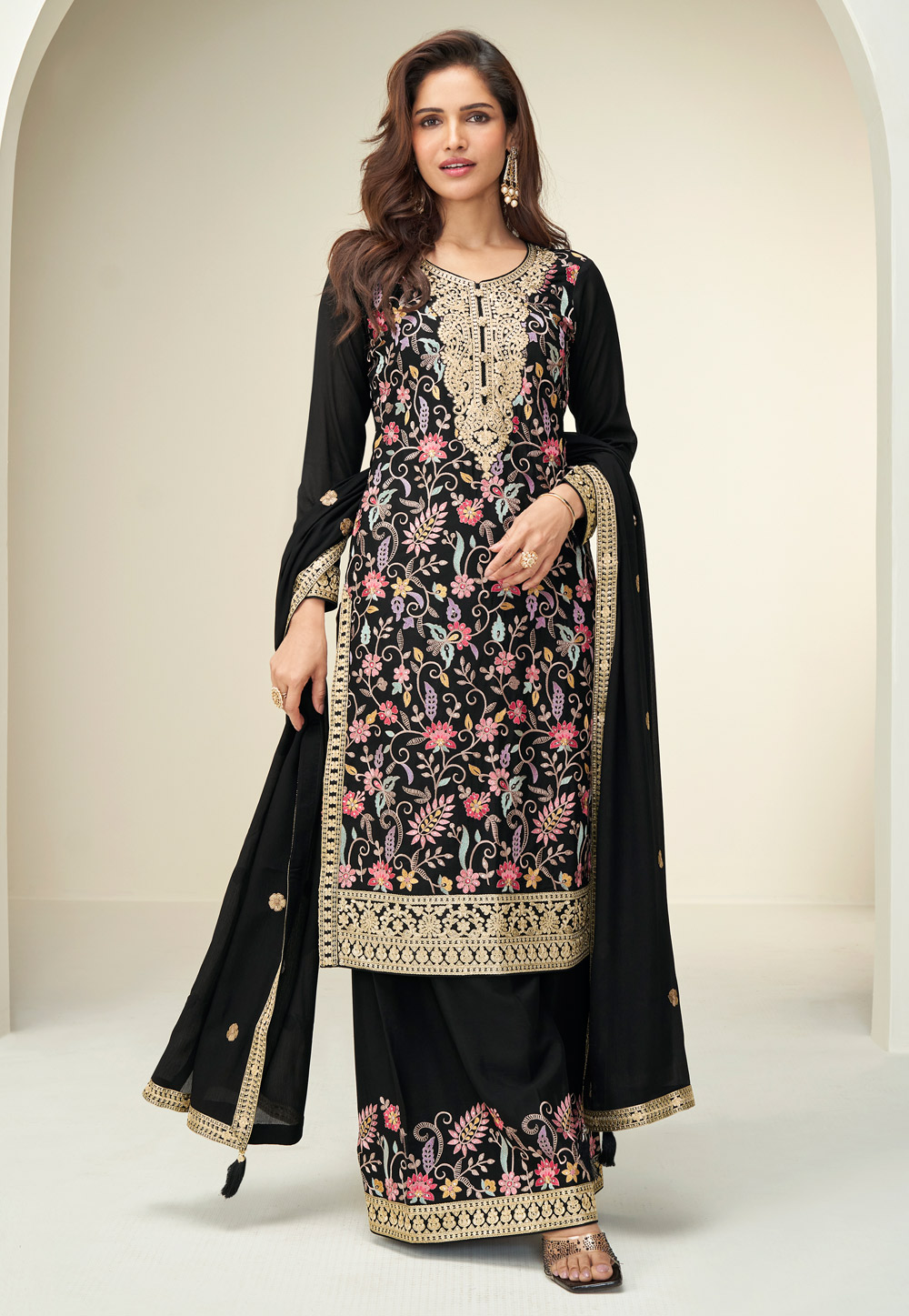 Black Chinon Silk Embroidered Palazzo Suit 318062