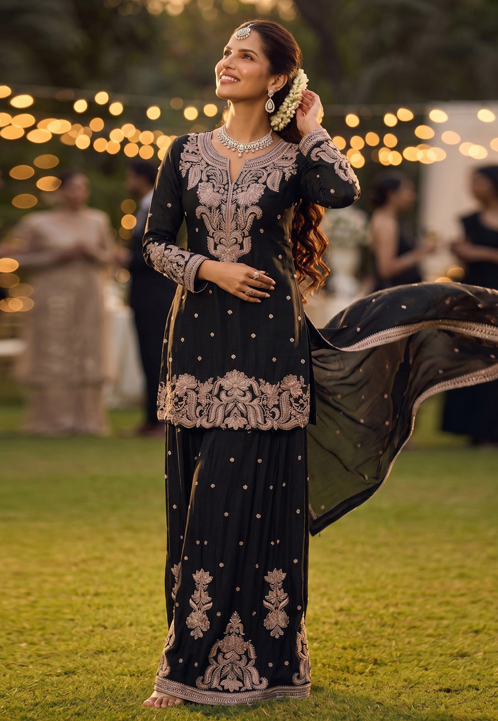 Black Chinon Silk Gharara Suit 328364