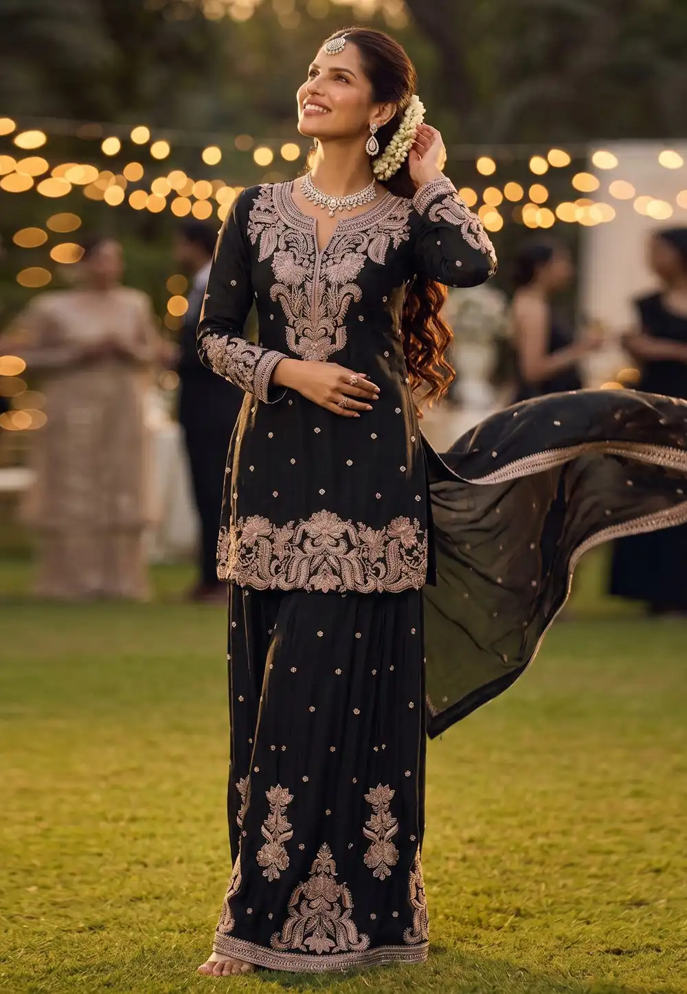 Black Chinon Silk Gharara Suit 328364