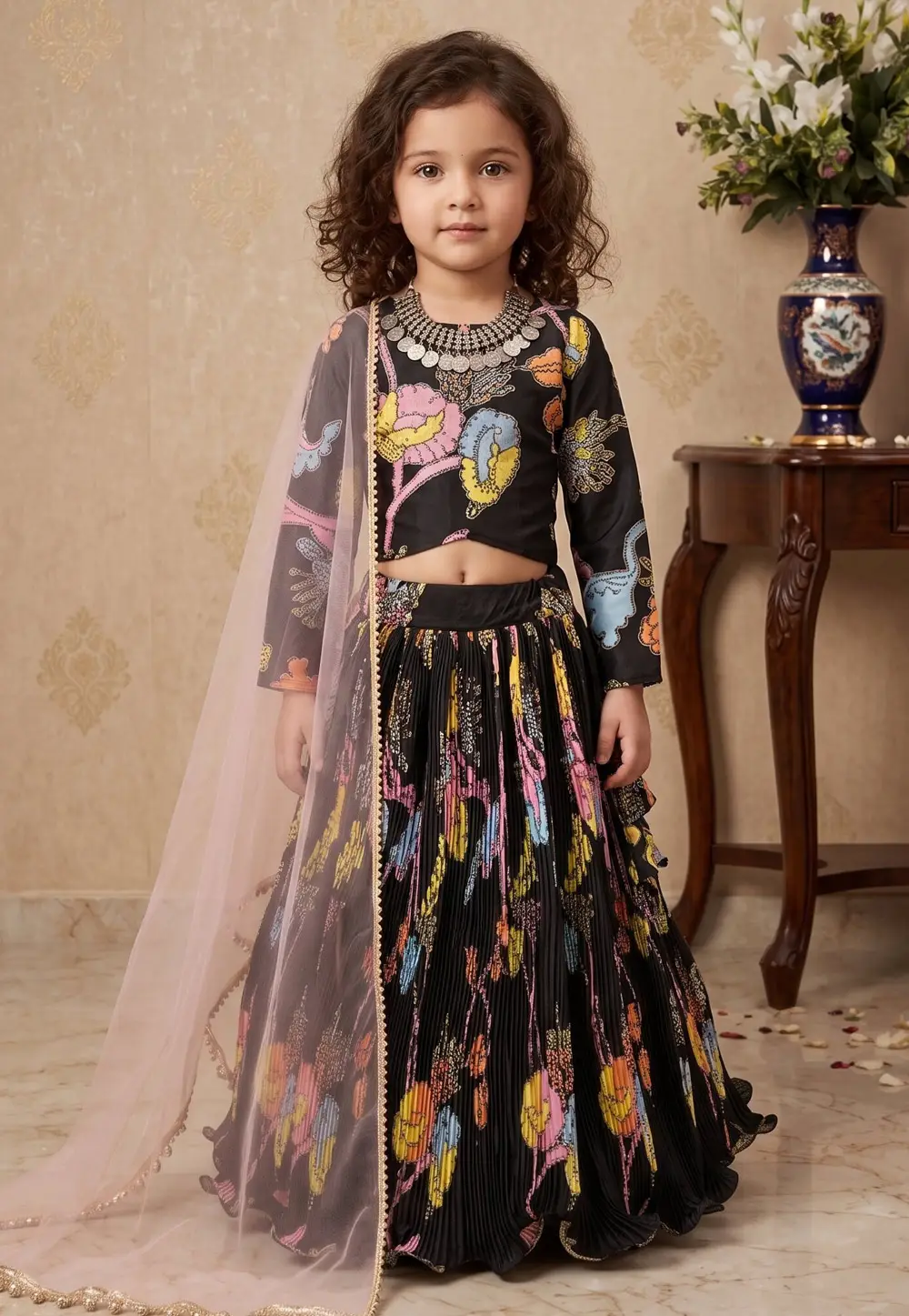 Black Chinon Silk Kids Lehenga Choli 334640