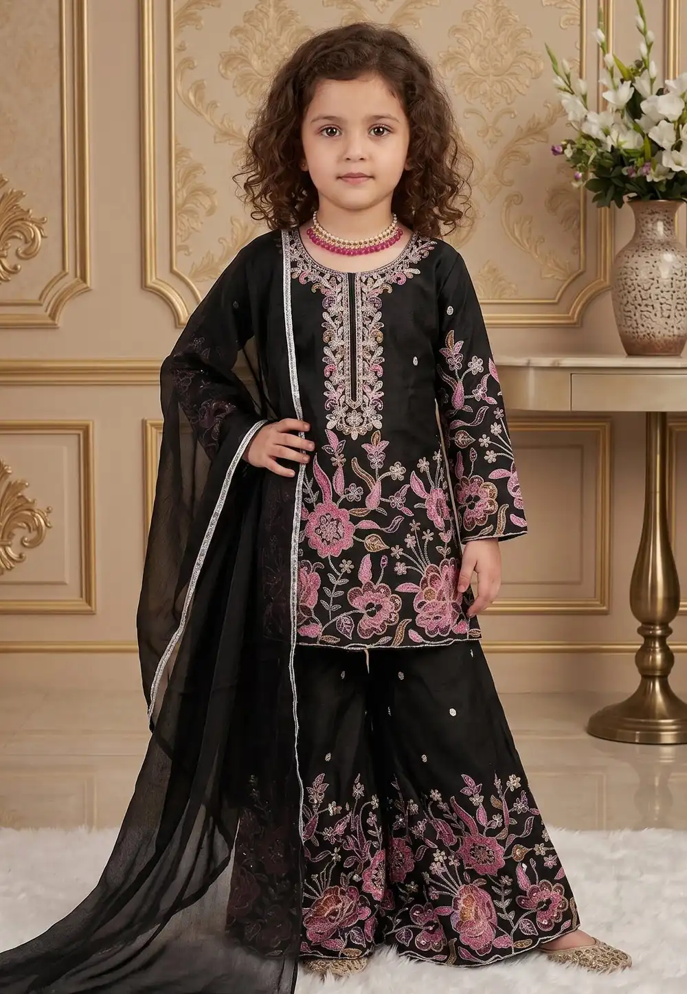 Black Chinon Silk Kids Palazzo Suit 329464