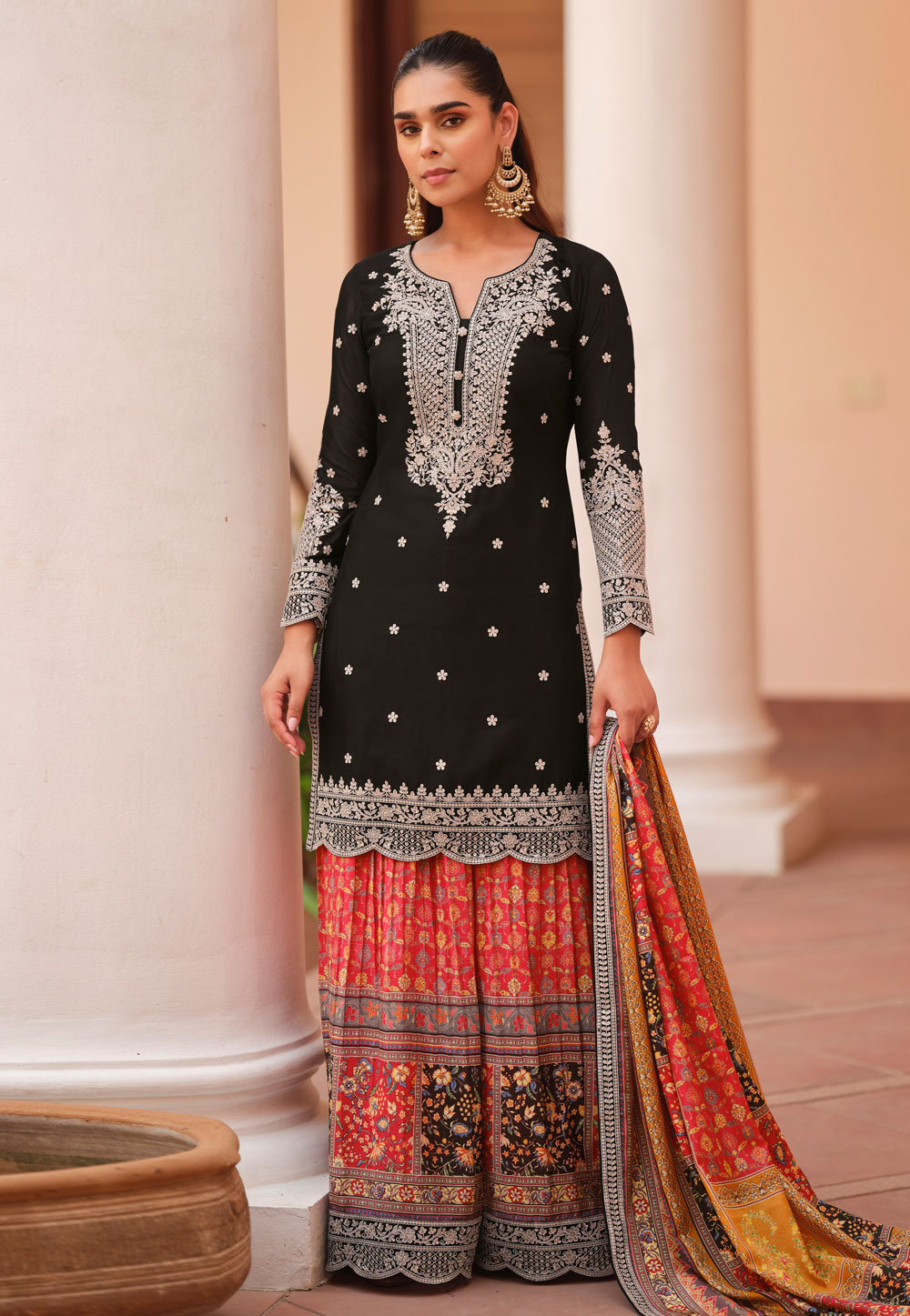 Black Chinon Silk Pakistani Suit 324228